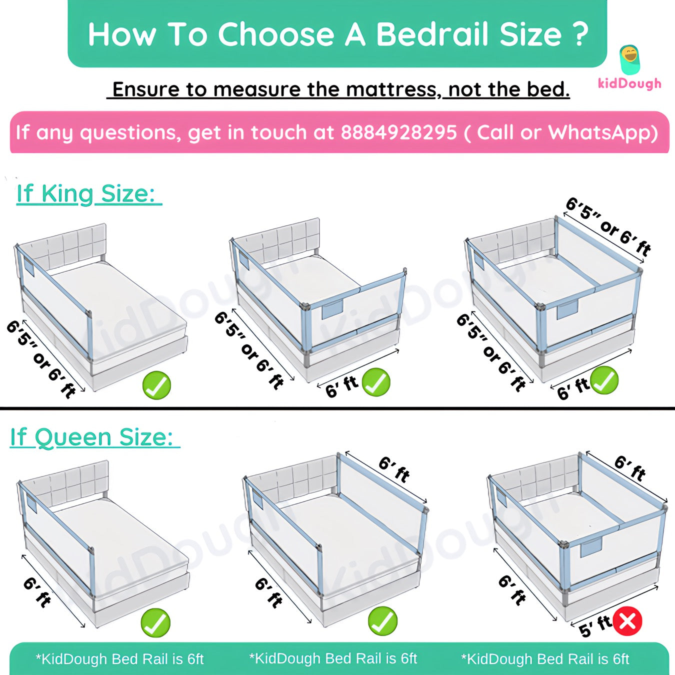 Kiddough Bed Railing for Baby Safety (6ft*6ft*6ft, Three Sides, Grey)