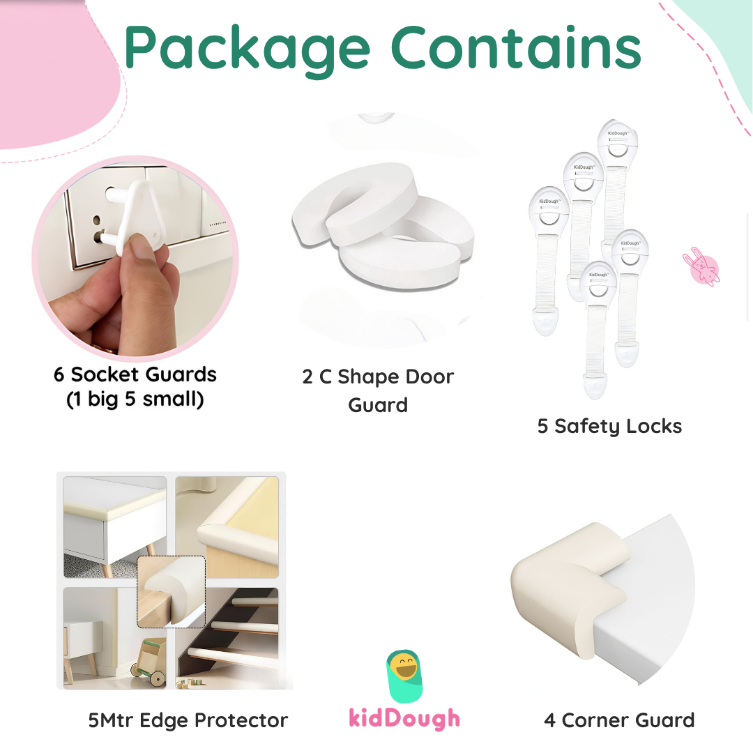 Baby Proofing Kit with 5M Edge Protector, 4 Corner Guards, 6 Socket Guards, 2 Door Guards, 5 Safety Locks, White