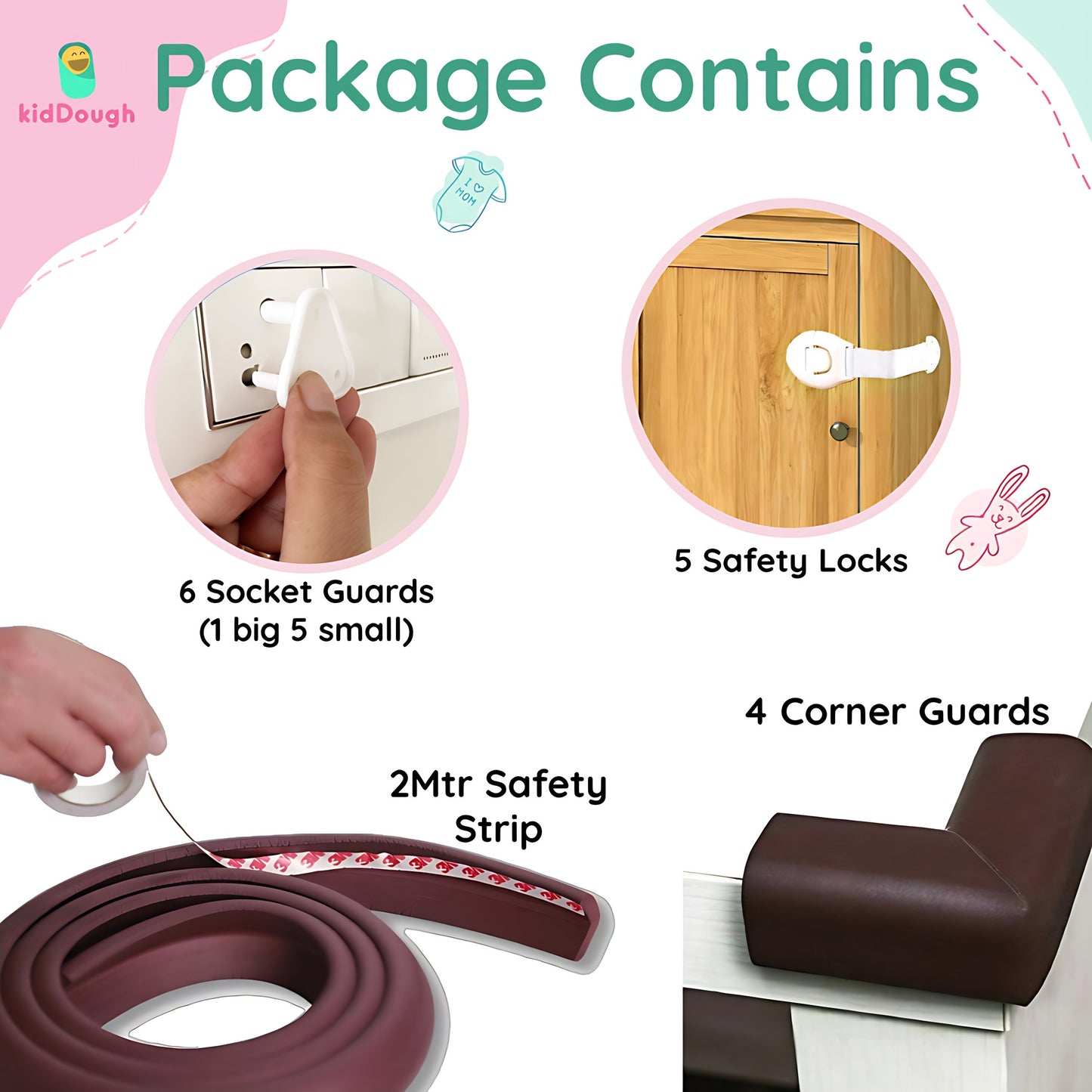 Kiddough Baby Safety Proofing Kit - 2 Meters Safety Strip + 5 Safety Locks + 4 Corner Guards + 6 Socket Guards