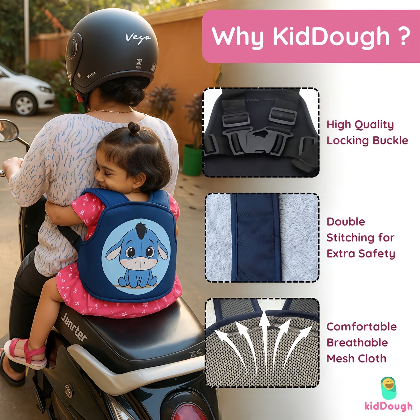 Kiddough Baby Safety Belt for Kids | Two Wheeler Bike/Scooty Belt for Kids Safety, Child Harness Safety Belt with Adjustable Baby Carrier for Toddlers & Baby (Cartoon Blue)