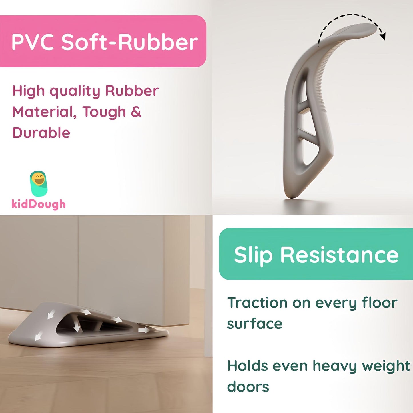 KidDough Door Stopper Wedge for Baby Safety, Non Slip Rubber Door Stoppers with Powerful Gripping, Work on Any Surface, 2 Pieces