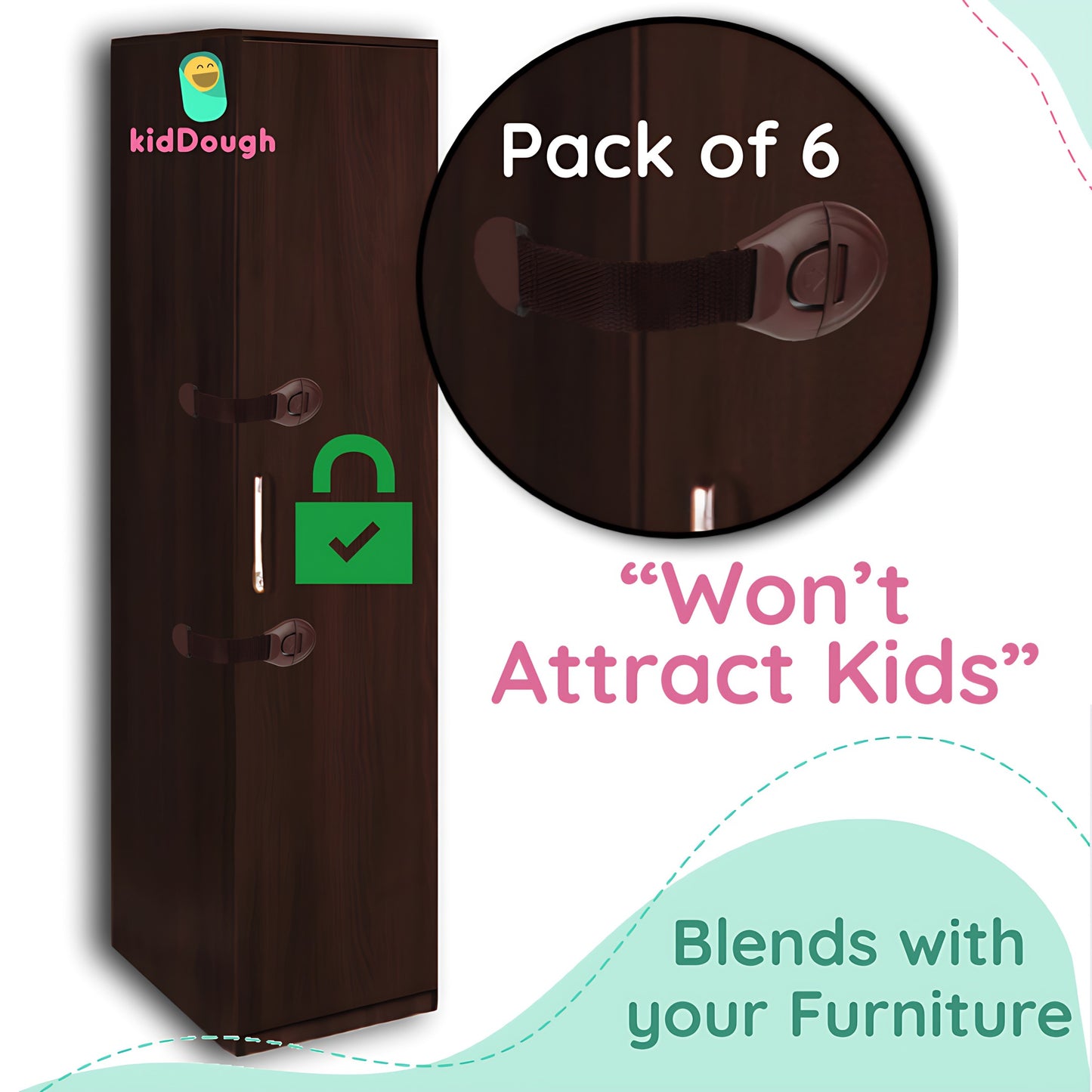 Kiddough Furniture Safety Locks for Kids - Pack of 6, Brown