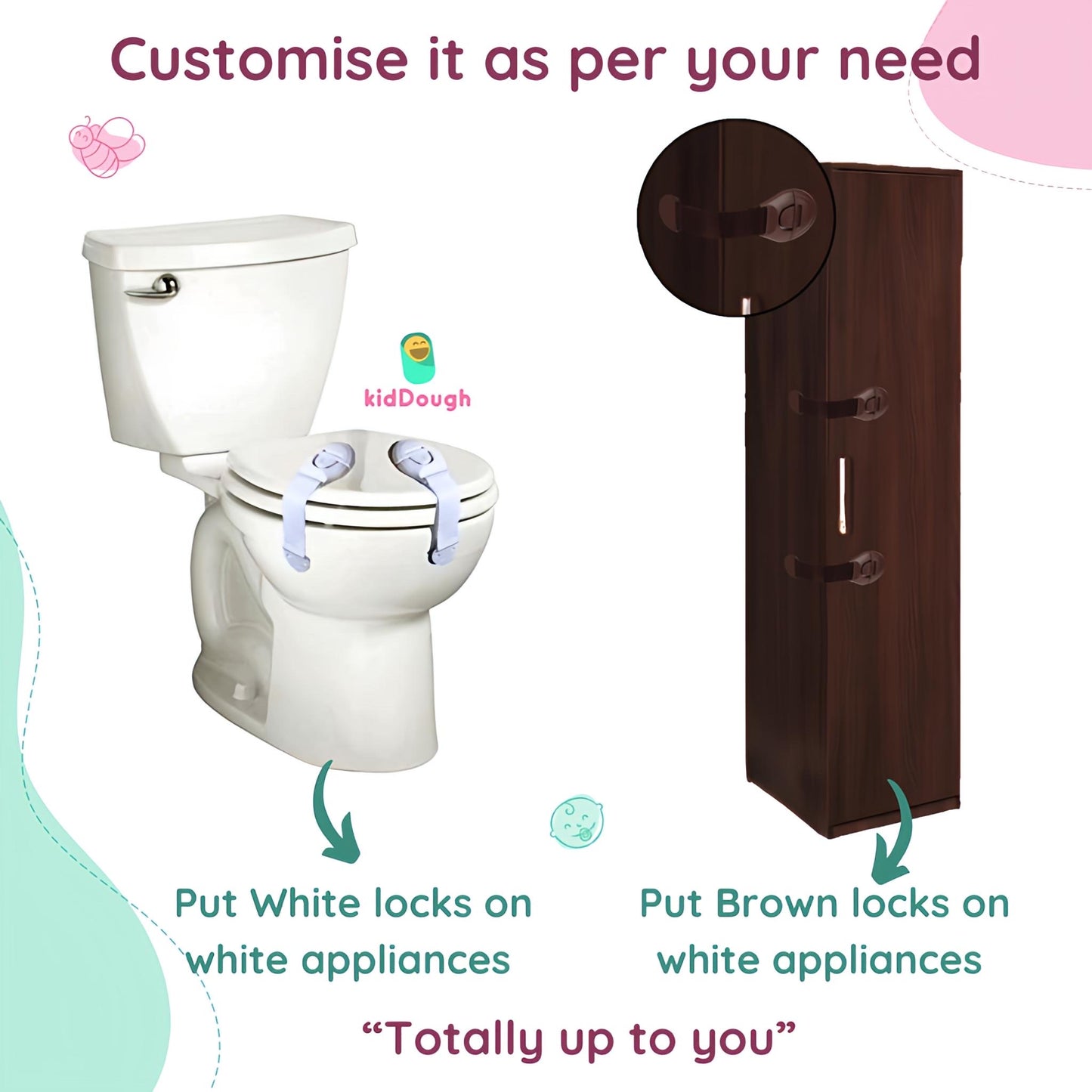 Kiddough Furniture Safety Locks for Kids - Pack of 4 White + 4 Brown