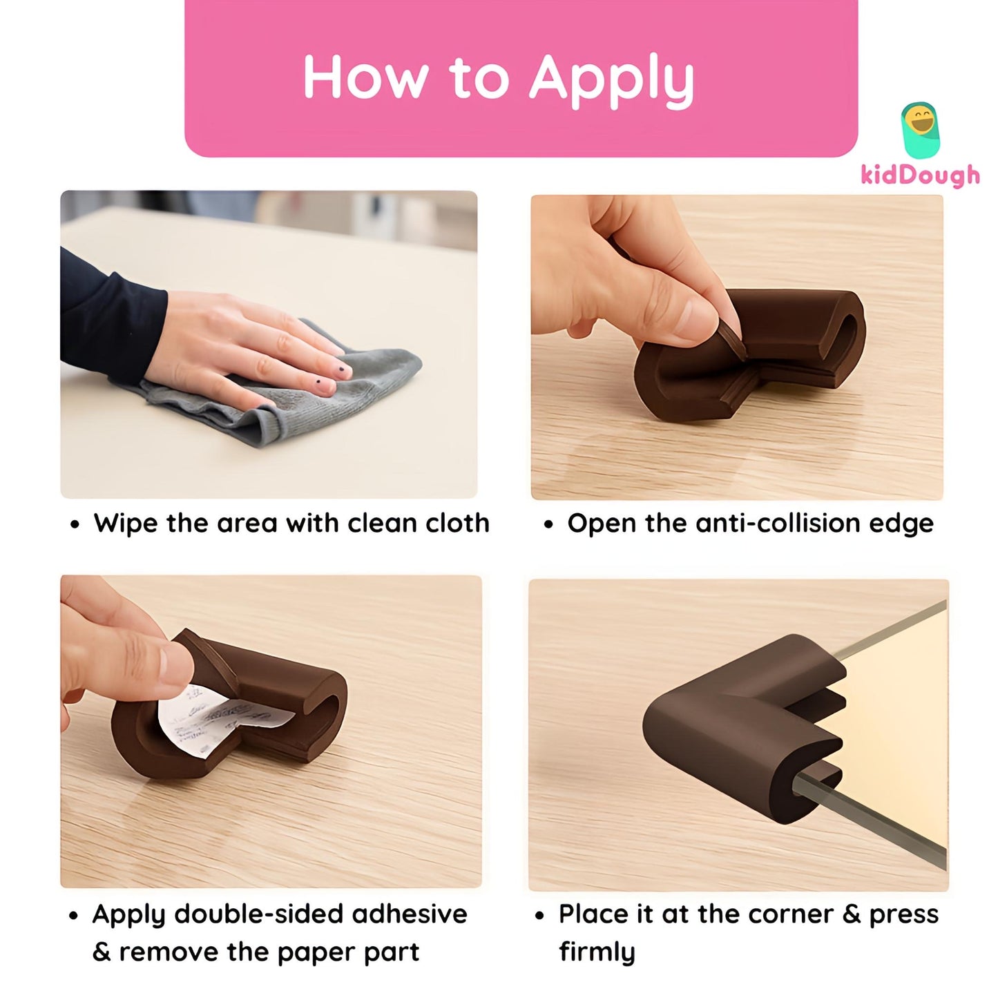 KidDough U-Shape Corner Guards for Kids Safety, Table Corners Edge Protector, Baby Proofing Edge & Corner Guards, for Thin Table Tops, Brown (8pcs/Pack)