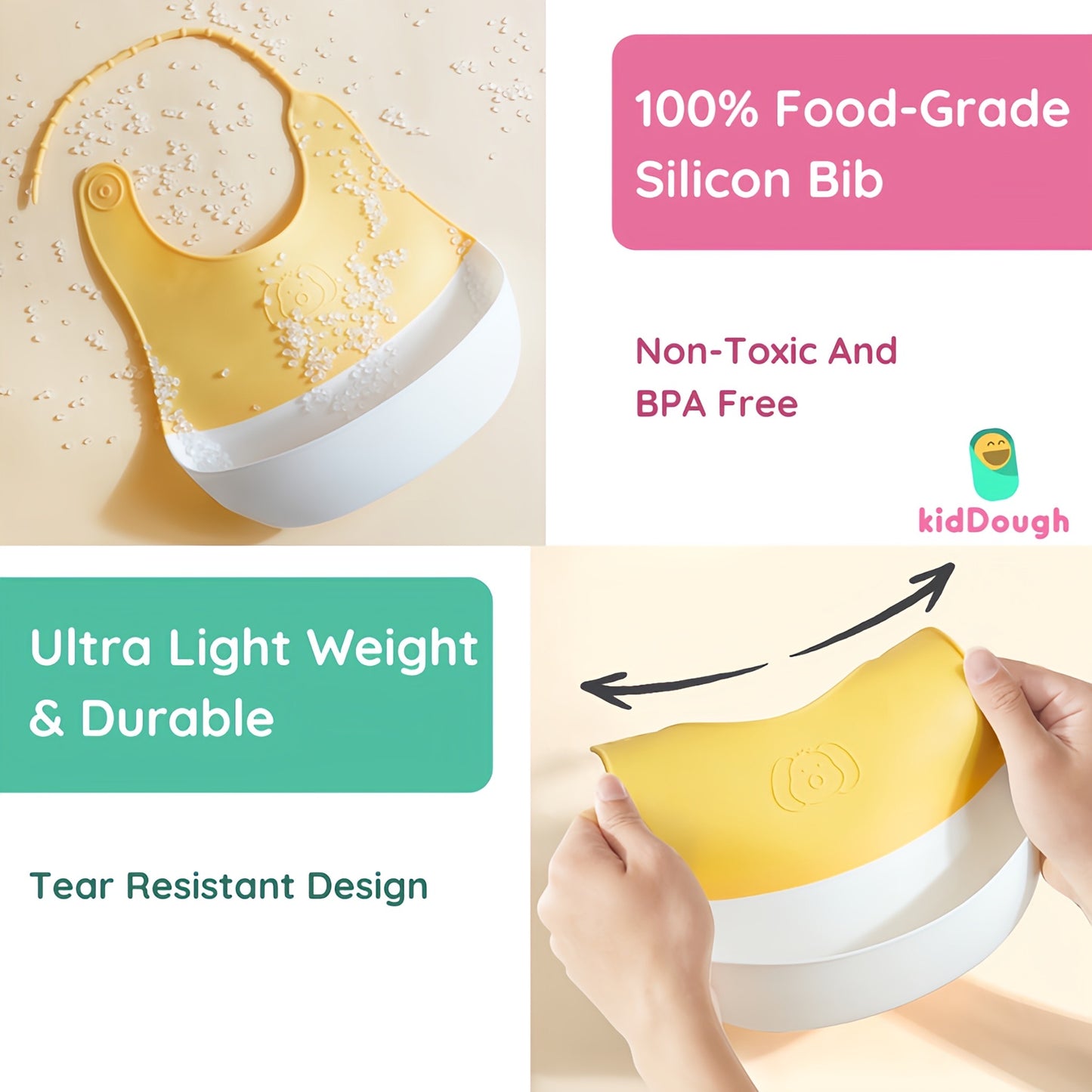 KidDough Silicone Baby Bib for Feeding & Weaning Babies & Toddlers | Waterproof, Washable & Reusable | Easy Cleaning, Lightweight, Adjustable Neckline with Buttons, Mess-Free Bib