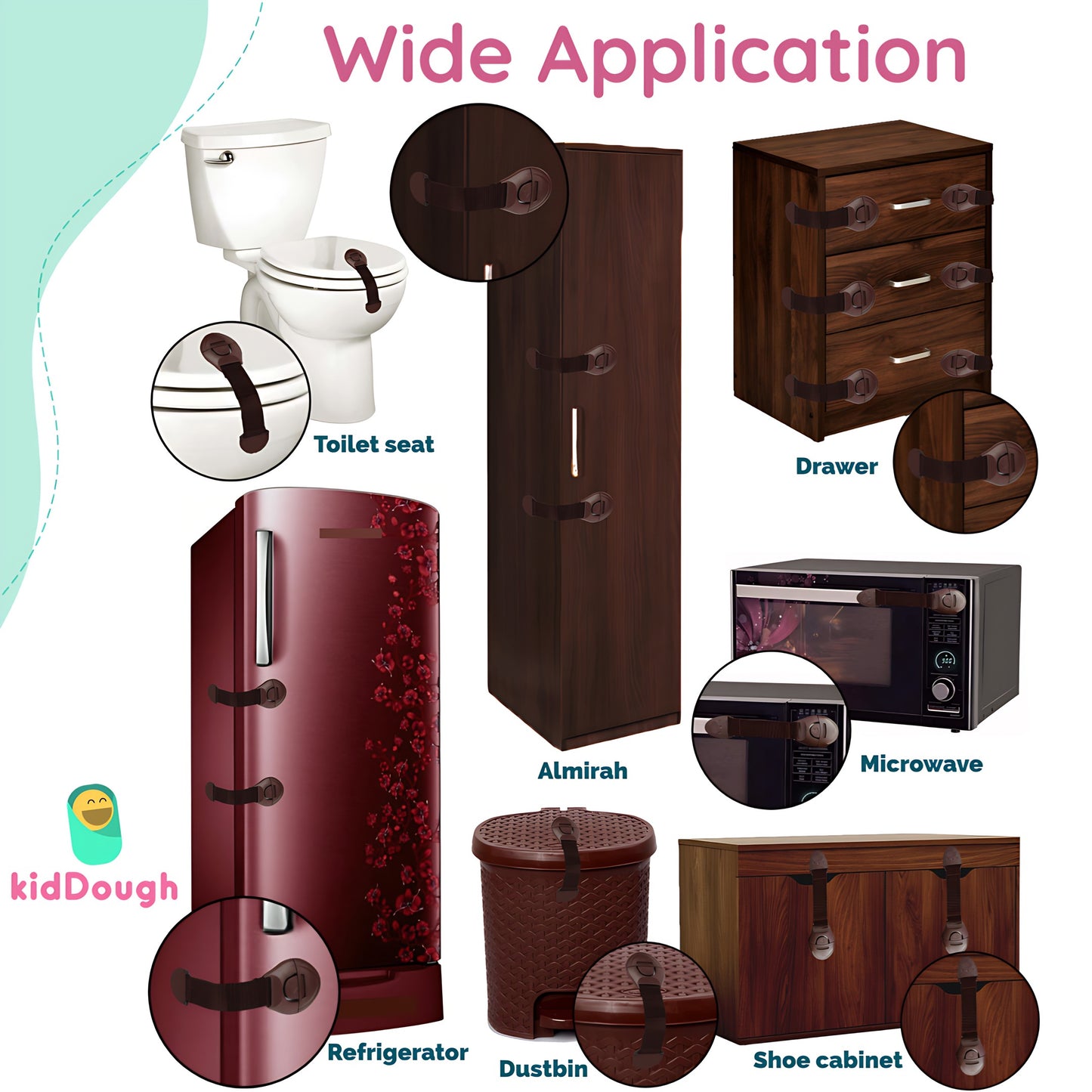 Kiddough Furniture Safety Locks for Kids - Pack of 6, Brown