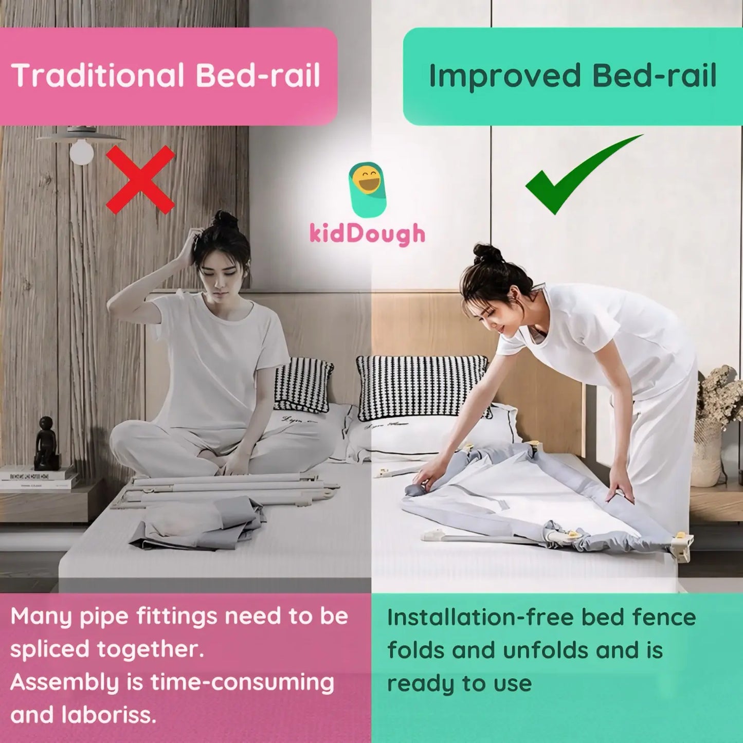 Kiddough Bed Rail for Baby Safety, No Assembly Required, Easy Installation, 6ft - 1 Side Grey