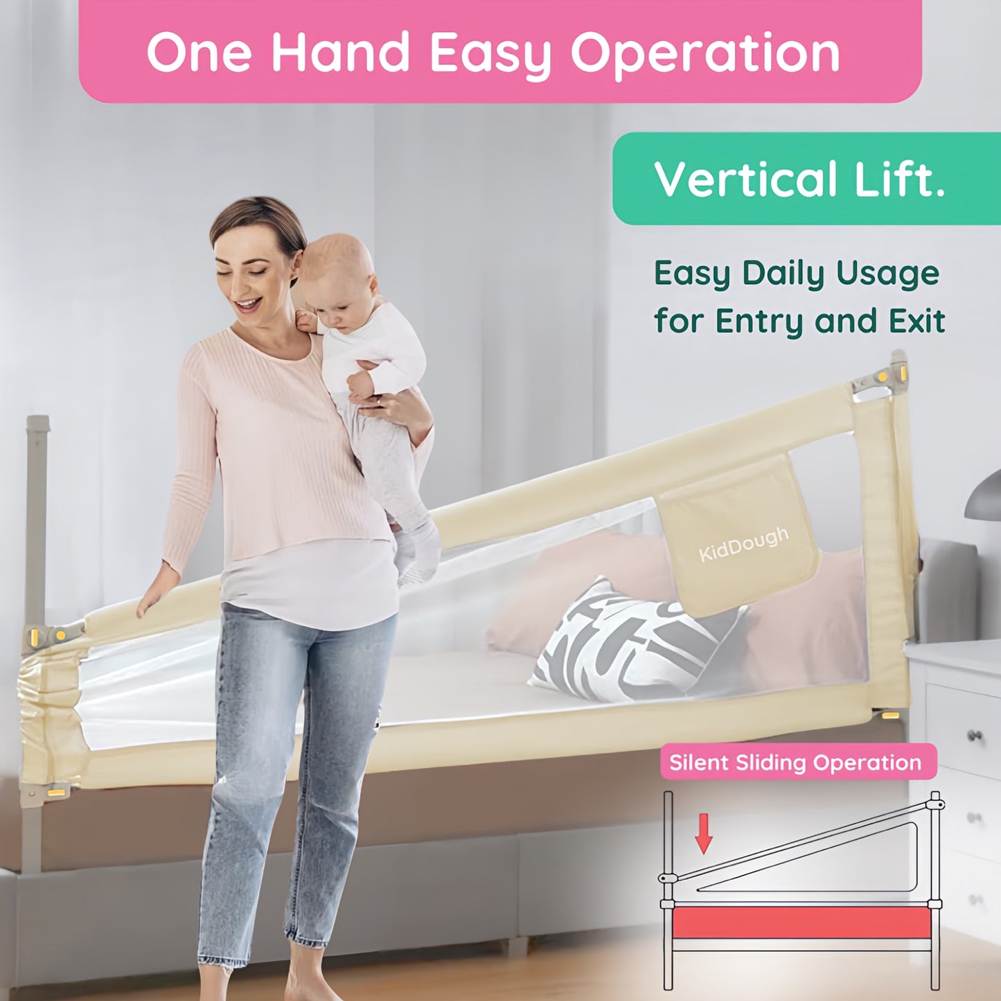 Kiddough Bed Railing for Baby Safety (6.5ft*5ft, Two Side, Off-White)