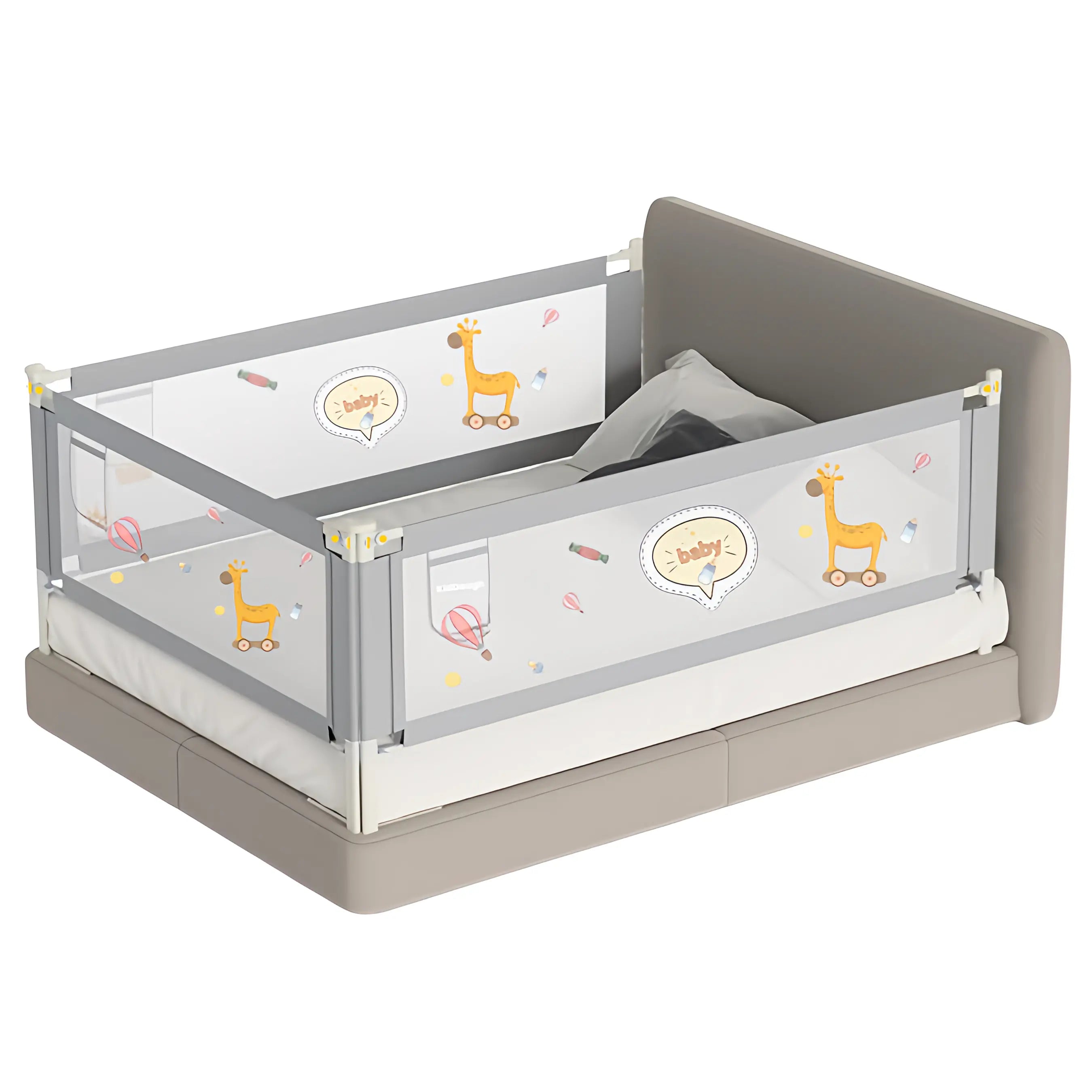KidDough baby bed rail guard with vertical lift design, breathable mesh panel, and safety lock – toddler bed safety in India