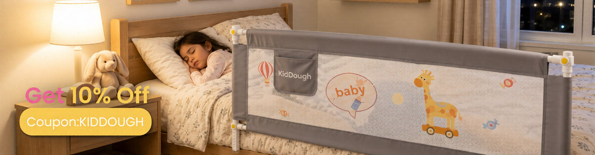 KidDough baby bed rail guard with vertical lift design, breathable mesh panel, and safety lock – toddler bed safety in India