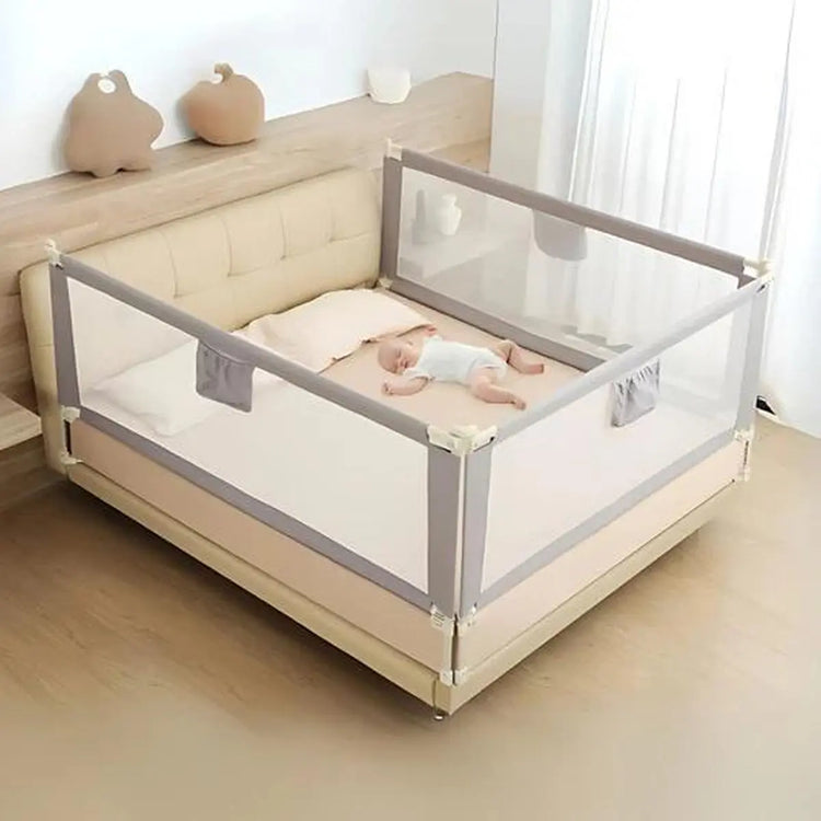 KidDough baby bed rail guard with vertical lift design, breathable mesh panel, and safety lock – toddler bed safety in India
