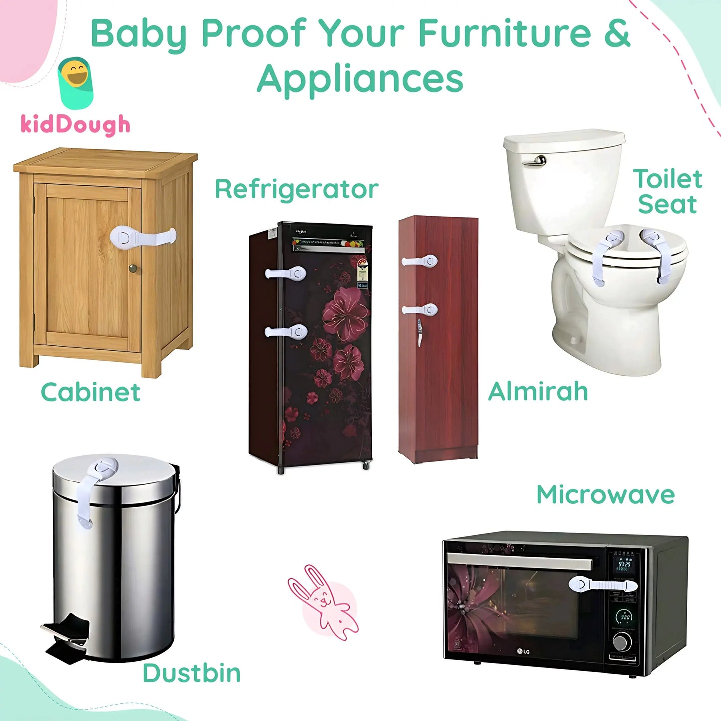 Kiddough Baby Safety Kit - 5 Meters Safety Strip + 4 Corner Guards + 2 C-Shape Door Stoppers + 6 Socket Guards + 5 Child Safety Locks for Drawers, Cabinets