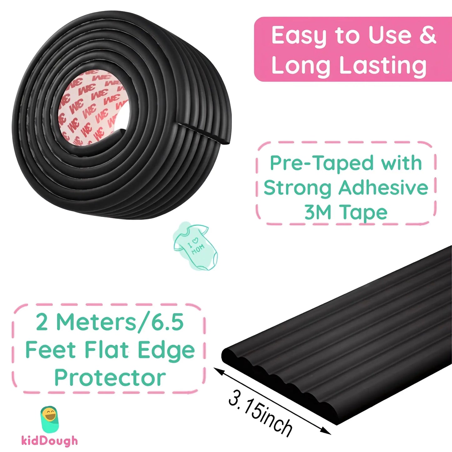 Kiddough Baby Proofing Flat Edge Protector - 2 Mtrs Safety Strip, Black
