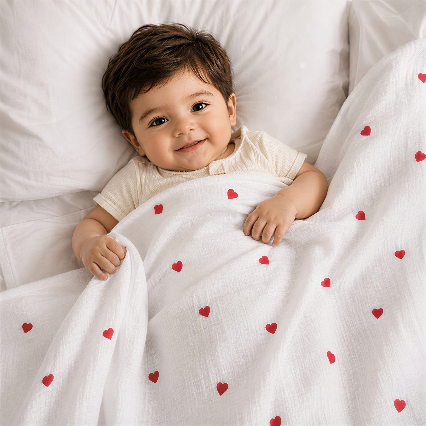 KidDough Ultra-Soft Muslin Baby Blanket for All Seasons – Soft, Breathable & Lightweight, Hearts Print, 105 × 105 cm, 0–2 Years Main image