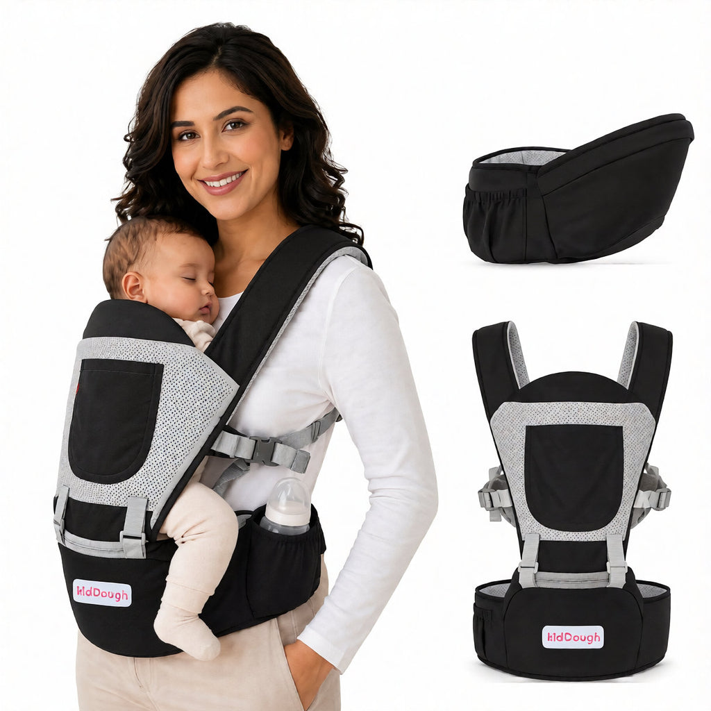 Kiddough Hip Seat Baby Carrier for 0 to 3 yrs with Adjustable Shoulder Straps | Breathable Mesh Fabric | Sling Baby Carrier with Storage Pockets | Adjustable New-Born to Toddler Carrier (Black)