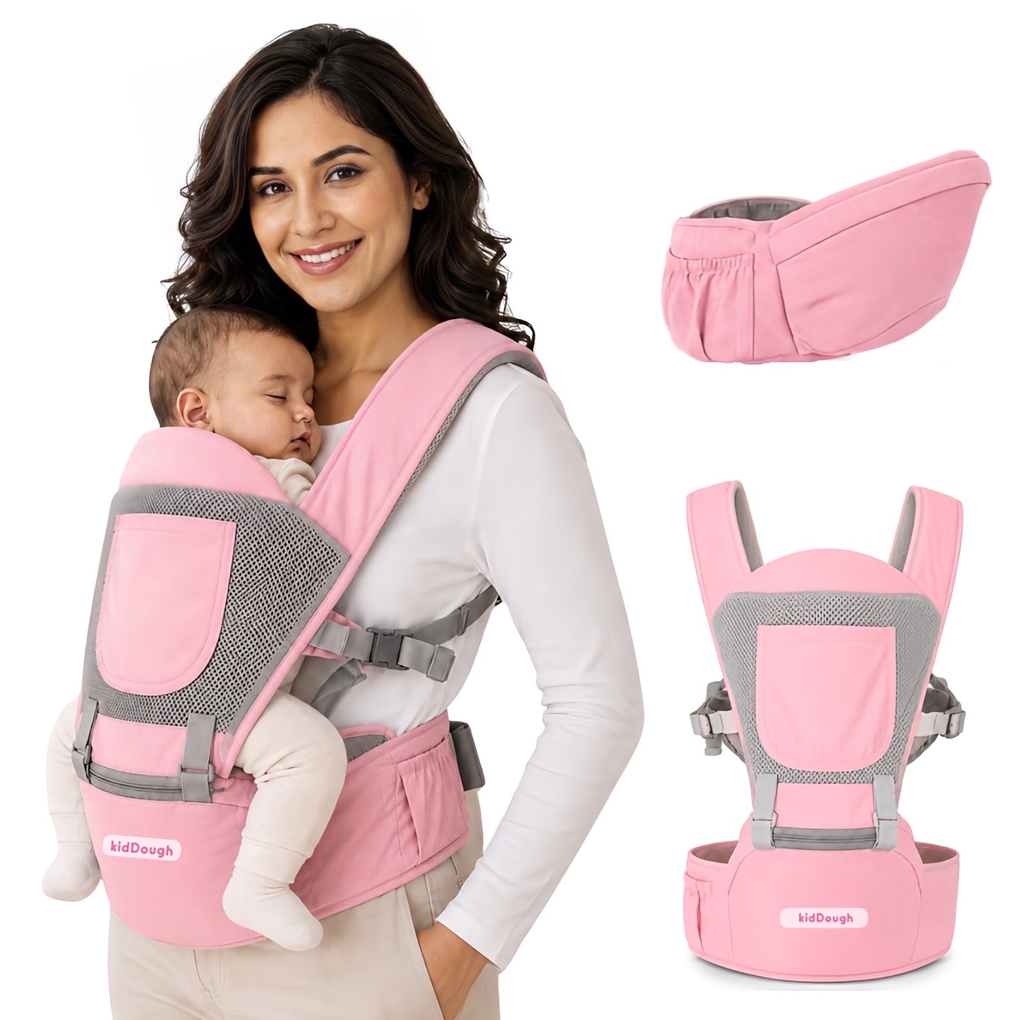 Kiddough Hip Seat Baby Carrier for 0 to 3 yrs with Adjustable Shoulder Straps | Breathable Mesh Fabric | Sling Baby Carrier with Storage Pockets | Adjustable New-Born to Toddler Carrier ( Pink)