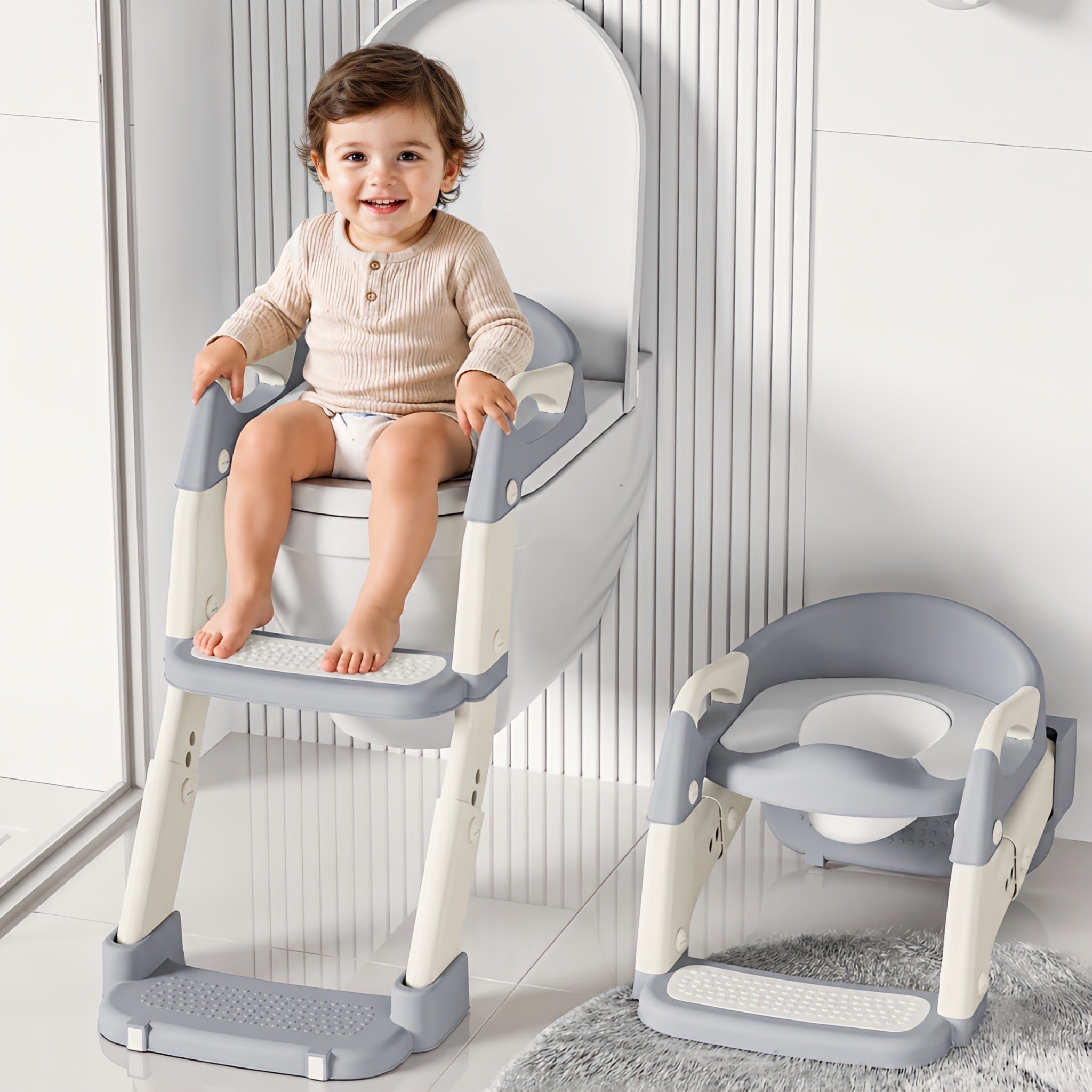 KidDough Potty Training Seat with Ladder, Splash Guard, Handle and Cushion Seat, Polypropylene, Grey, Modern Style, for Kids (Potty Seat 3in 1, Grey) Main image
