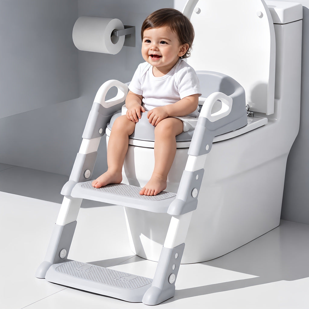 KidDough Potty Training Seat with Ladder, Splash Guard, Handle and Cushion Seat, Polypropylene, Grey, Modern Style, for Kids (Potty Seat with Ladder, Grey)