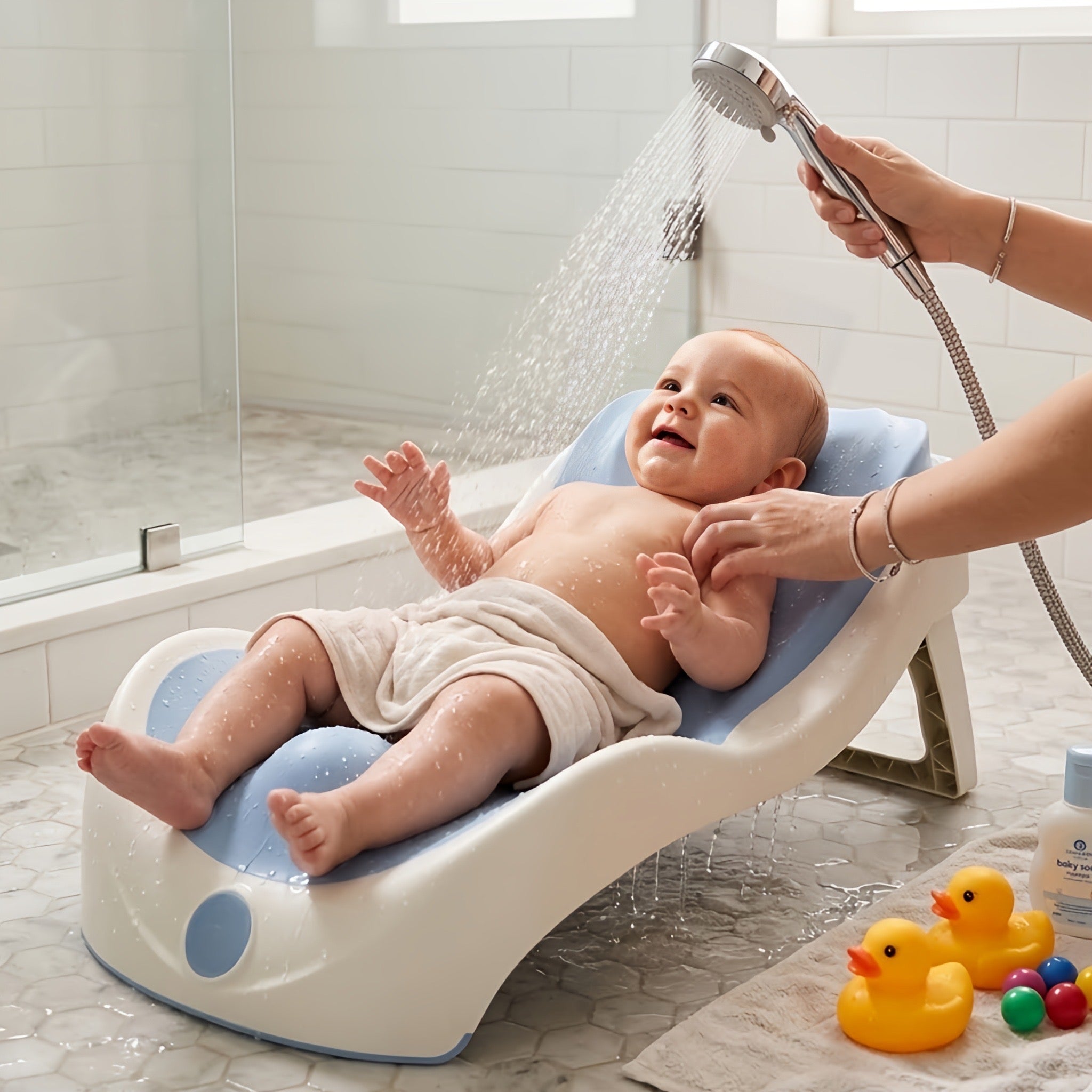 Kiddough Baby Bather, Non-Slip, Adjustable, Foldable, Durable (Blue)