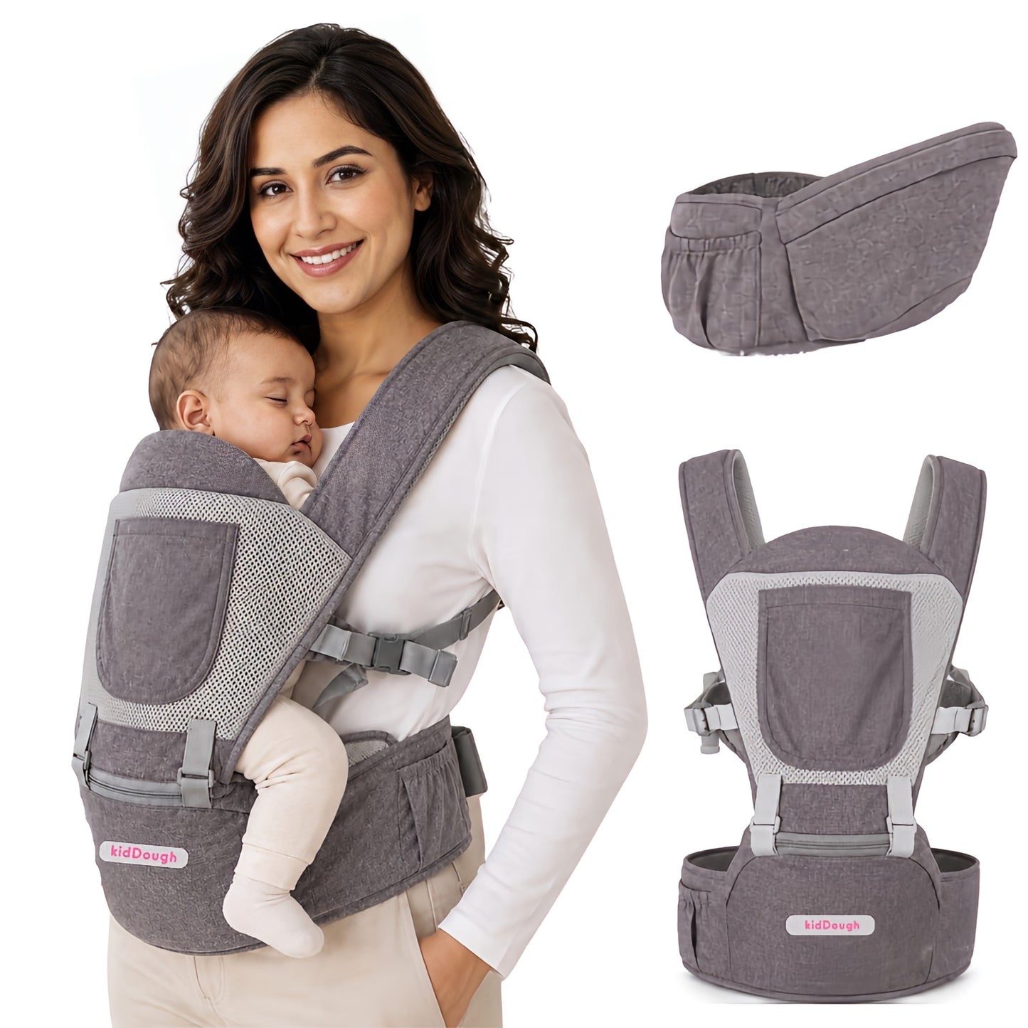 Kiddough Hip Seat Baby Carrier for 0 to 3 yrs with Adjustable Shoulder Straps | Breathable Mesh Fabric | Sling Baby Carrier with Storage Pockets | Adjustable New-Born to Toddler Carrier (Grey)