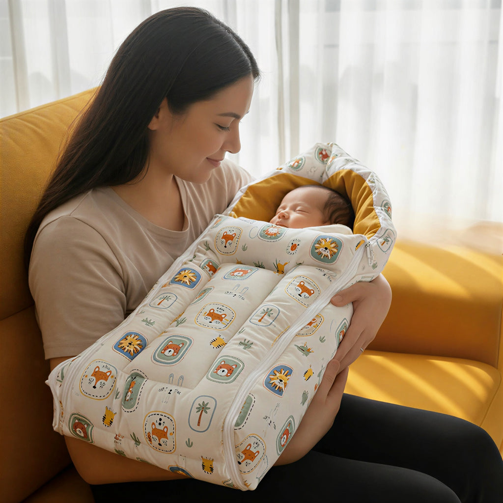 Kiddough Sleeping Bag for Infant | Soft Breathable 100% Cotton Baby Carrier for New Born/Foldable & Washable Unisex Baby Sleeping Bag (Off-White) 0 Months- 12 Months