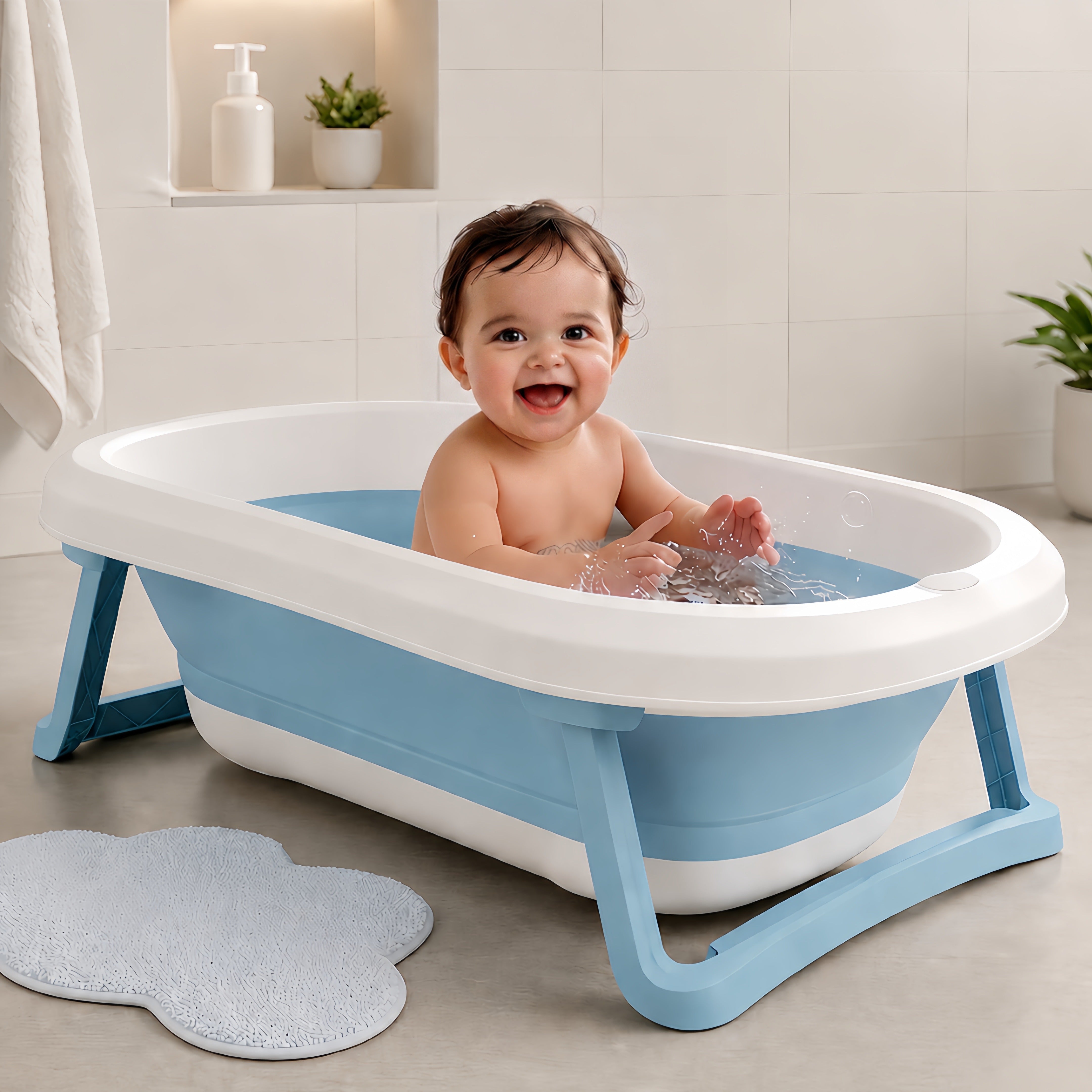 Kiddough Baby Bathtub, Foldable, Non Slip, Durable, Easy to Store and Use with Cushion (Blue (without Cushion)) Main image