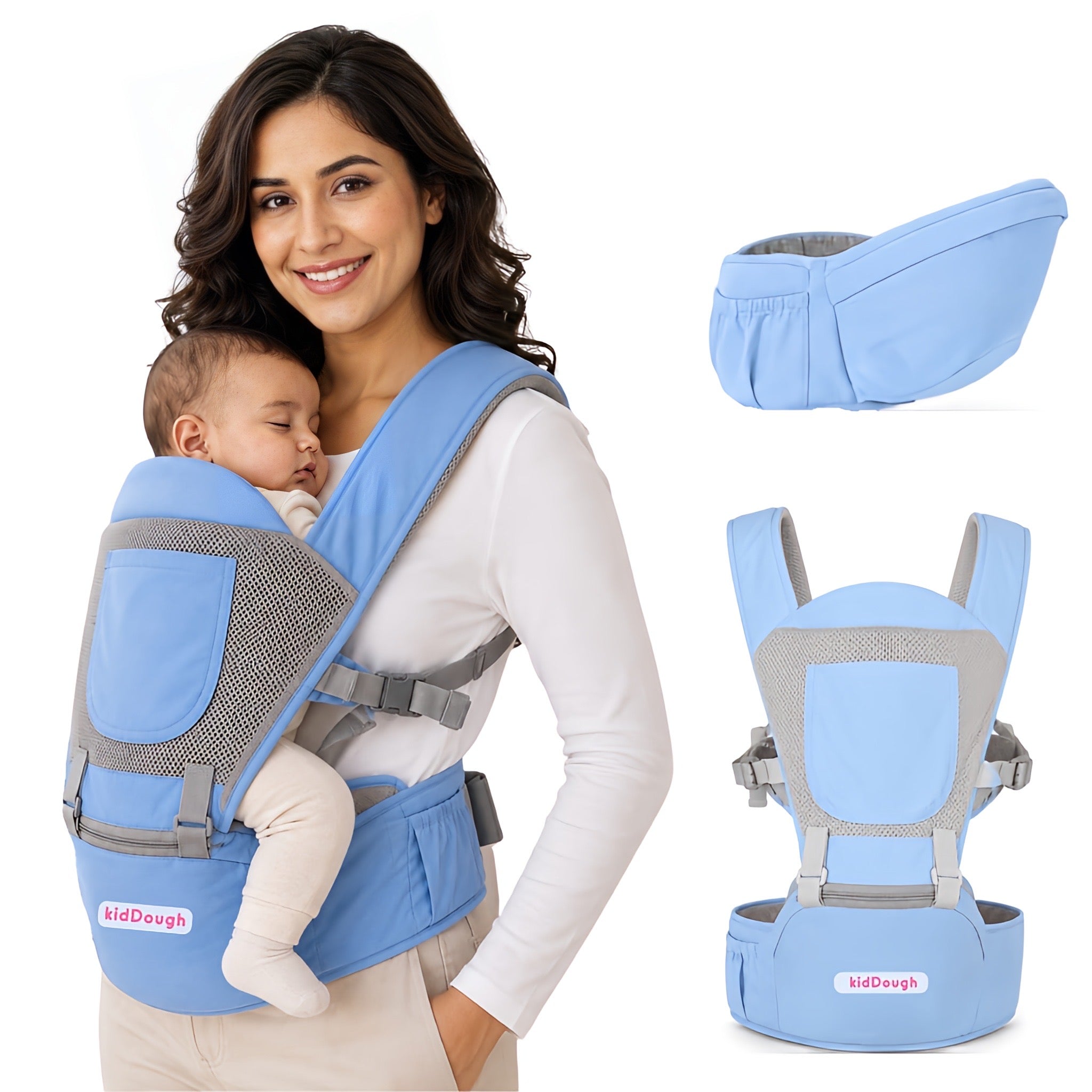 Kiddough Hip Seat Baby Carrier for 0 to 3 yrs with Adjustable Shoulder Straps | Breathable Mesh Fabric | Sling Baby Carrier with Storage Pockets | Adjustable New-Born to Toddler Carrier (Blue) Main image