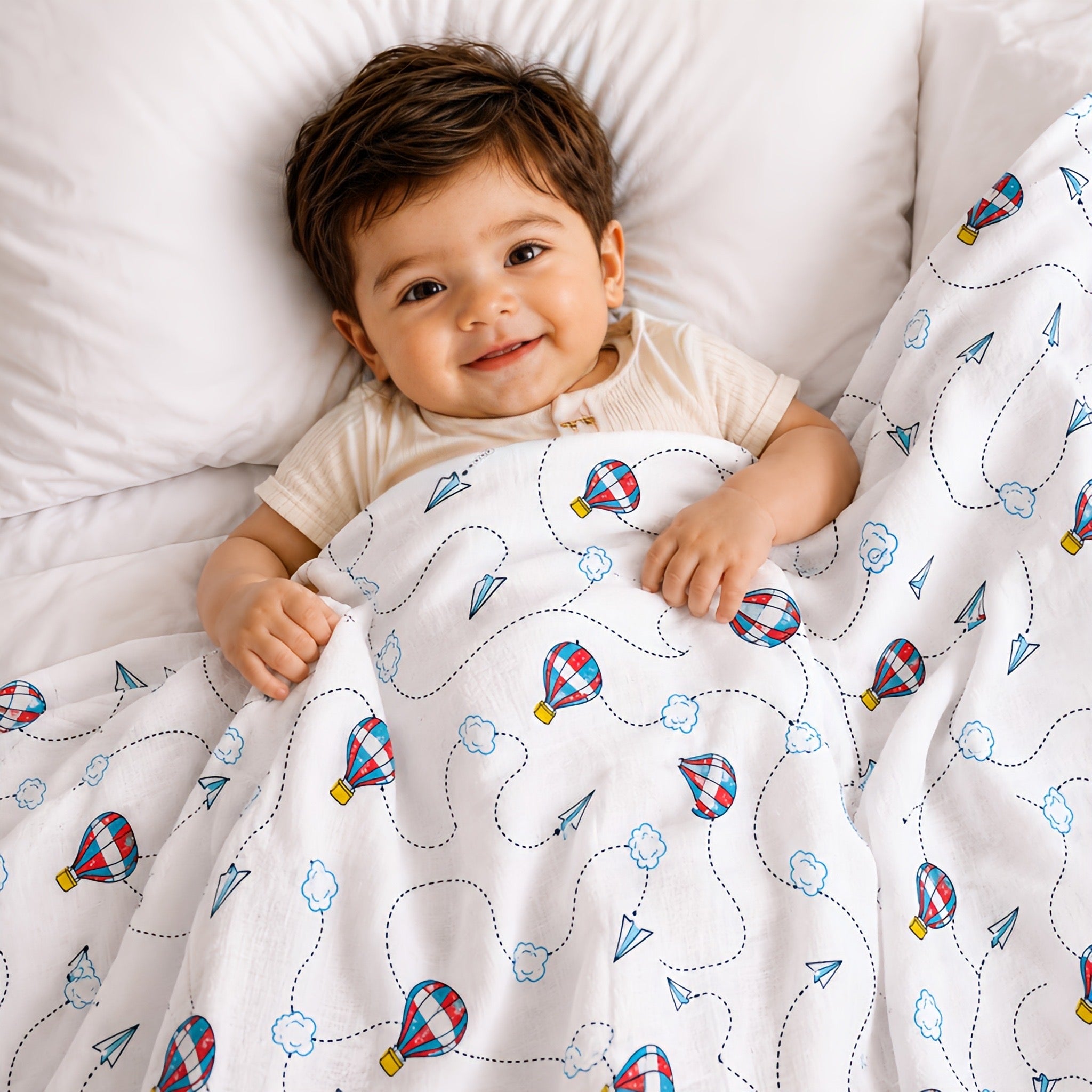 KidDough 100% Cotton Muslin Baby Blanket – Hot Air Balloon Print, 105 × 105 cm