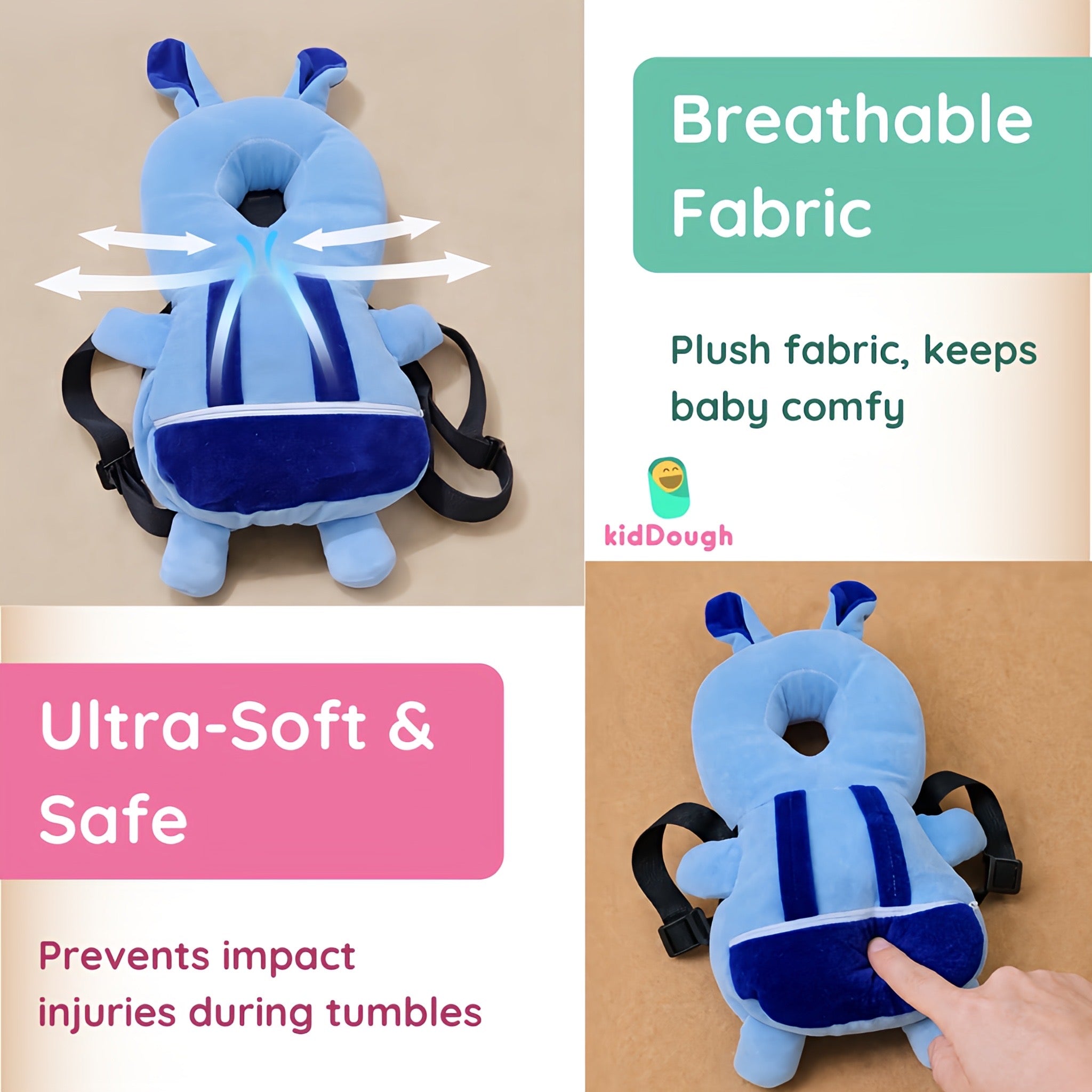 KidDough Rabbit Shape Head Protector, Cushioned Backpack for Babies | 6 Months - 36 Months | Lightweight (Blue Rabbit) Secondary image