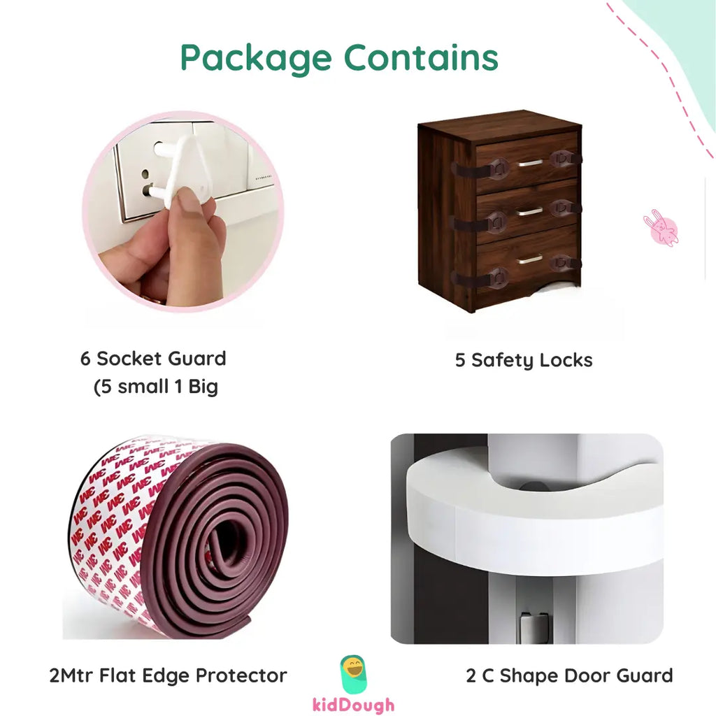 KIddough Baby Proofing Kit with 2M Edge Protector, 5 Safety Locks, 6 Socket Guards, 2 Door Guards, Brown