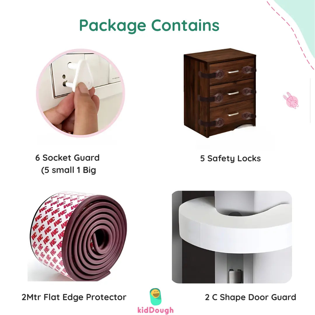 KIddough Baby Proofing Kit with 2M Edge Protector, 5 Safety Locks, 6 Socket Guards, 2 Door Guards, Brown