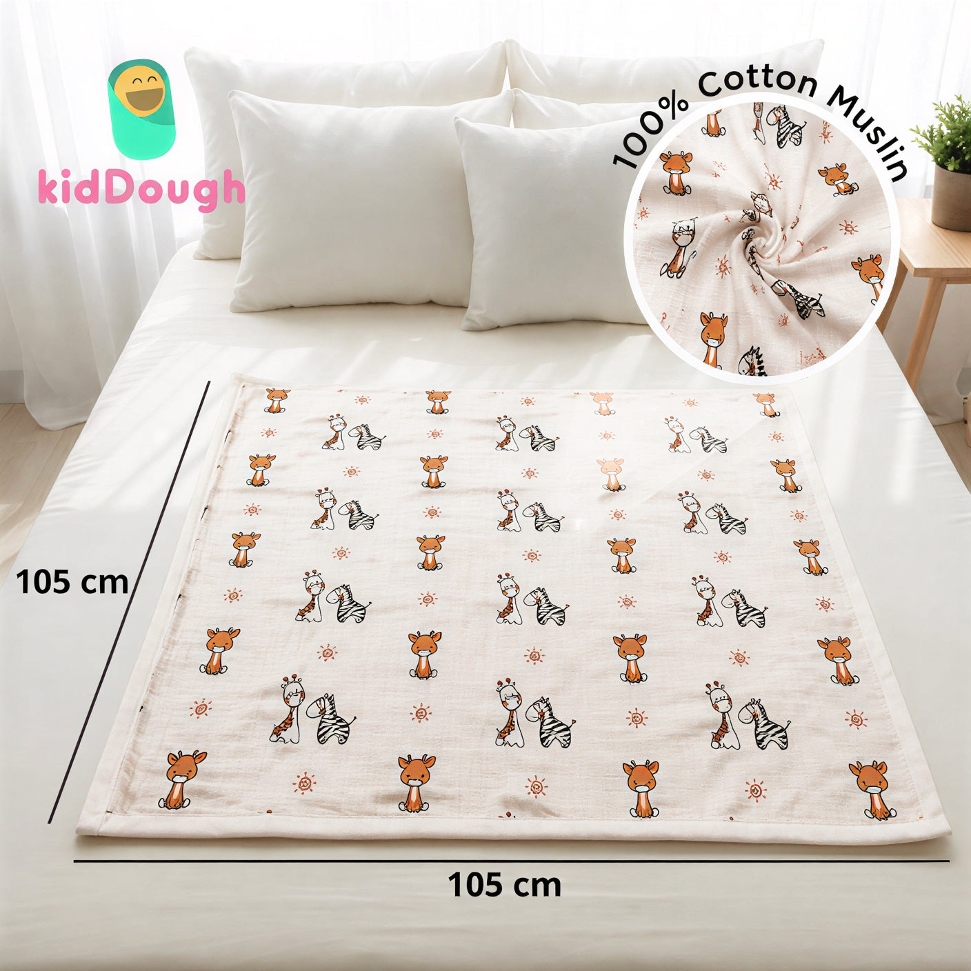 KidDough Ultra-Soft Muslin Baby Blanket for All-Seasons | Soft, Breathable, Lightweight Baby Quilt, Receiving Blanket, Bath Towel, Stroller Cover | 105x105cm for 0-2 Years (Giraffe)
