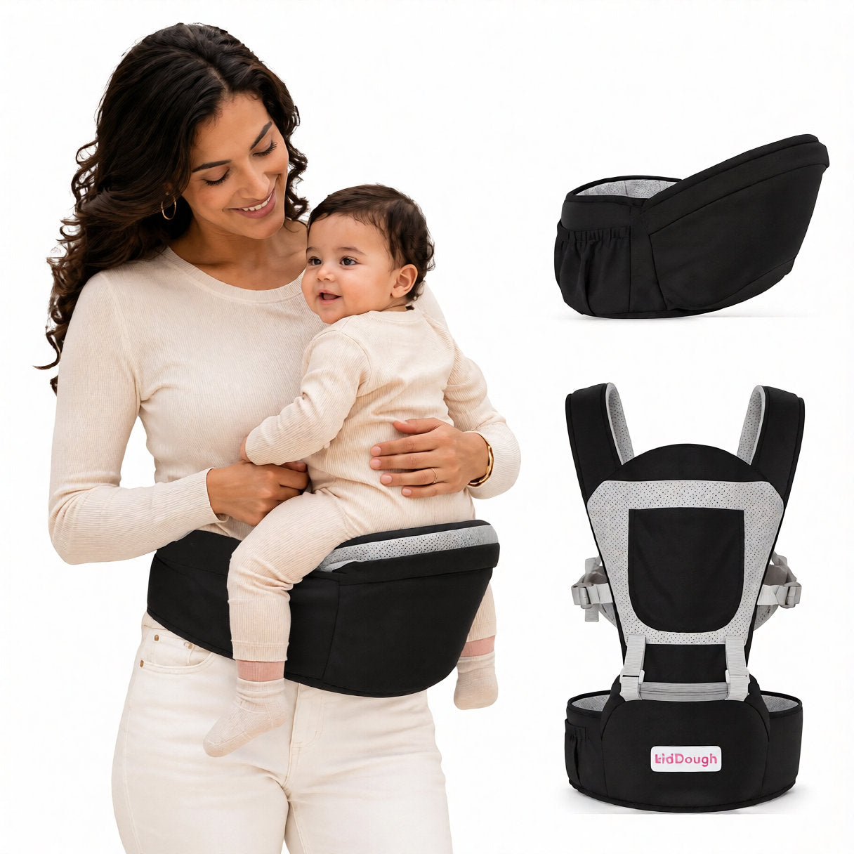 Kiddough Hip Seat Baby Carrier for 0 to 3 yrs with Adjustable Shoulder Straps | Breathable Mesh Fabric | Sling Baby Carrier with Storage Pockets | Adjustable New-Born to Toddler Carrier (Black) Secondary image