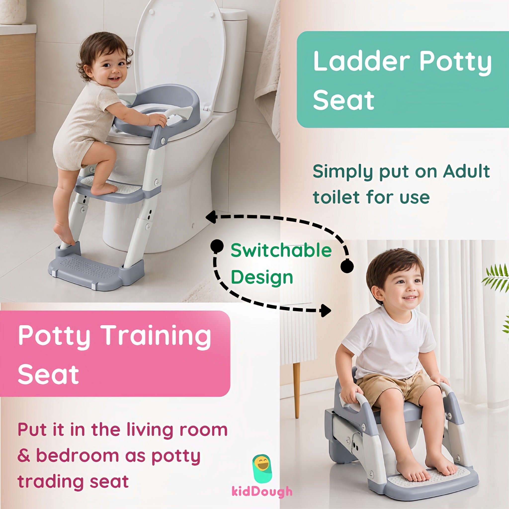 KidDough Potty Training Seat with Ladder, Splash Guard, Handle and Cushion Seat, Polypropylene, Grey, Modern Style, for Kids (Potty Seat 3in 1, Grey) Secondary image