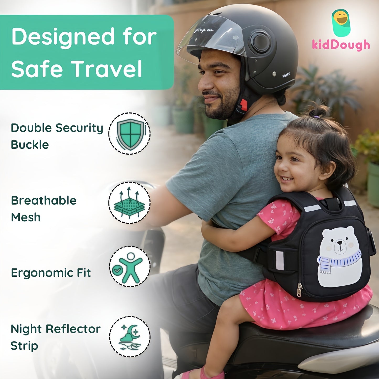 KidDough Baby Safety Belt for Two Wheeler Bike/Scooty | Harness Safety Belt for Kids Safety | Strong Buckles with Adjustable Straps and Double Stiching for Extra Safety (With Storage (Black))
