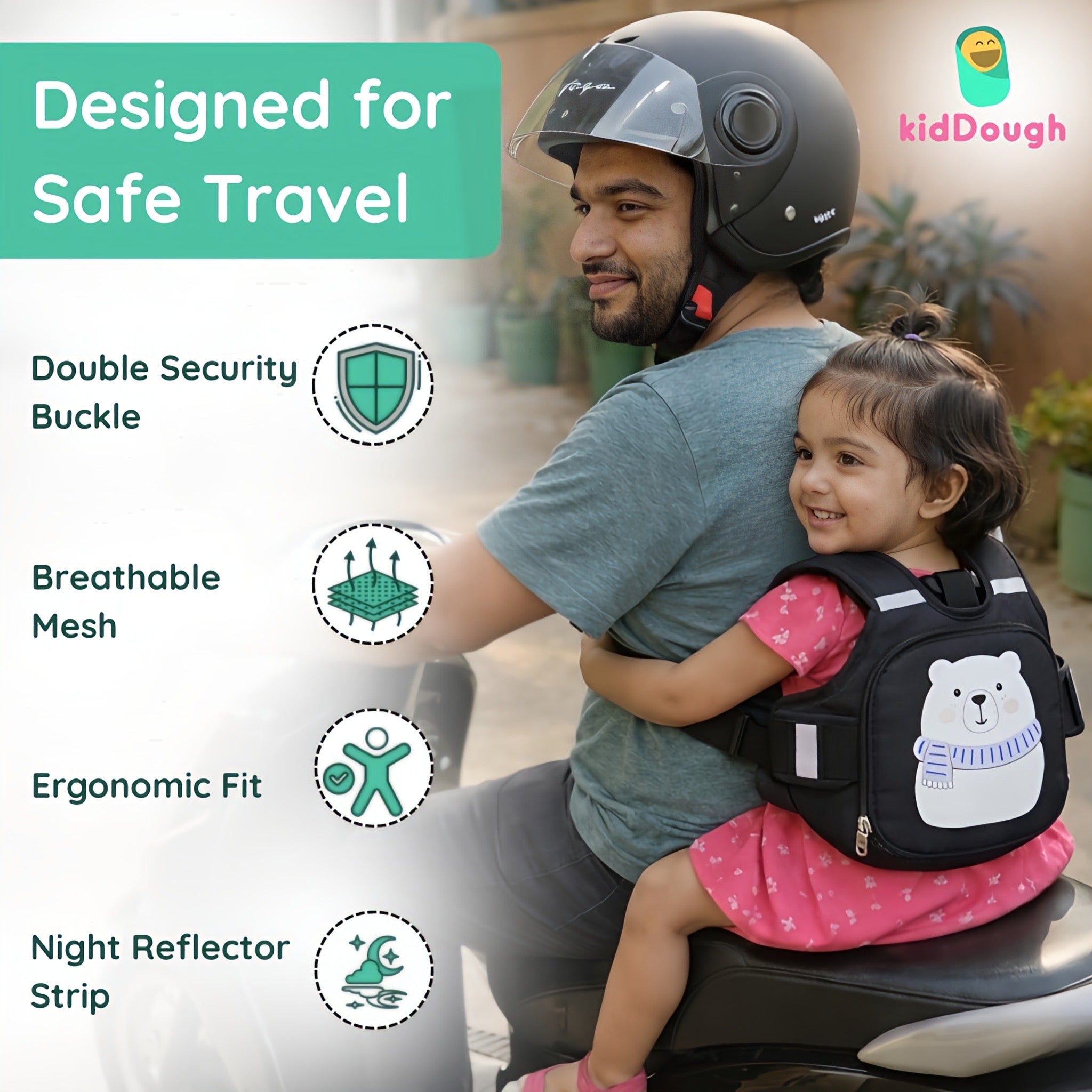 KidDough Baby Safety Belt for Two Wheeler Bike/Scooty | Harness Safety Belt for Kids Safety | Strong Buckles with Adjustable Straps and Double Stiching for Extra Safety (With Storage (Black))