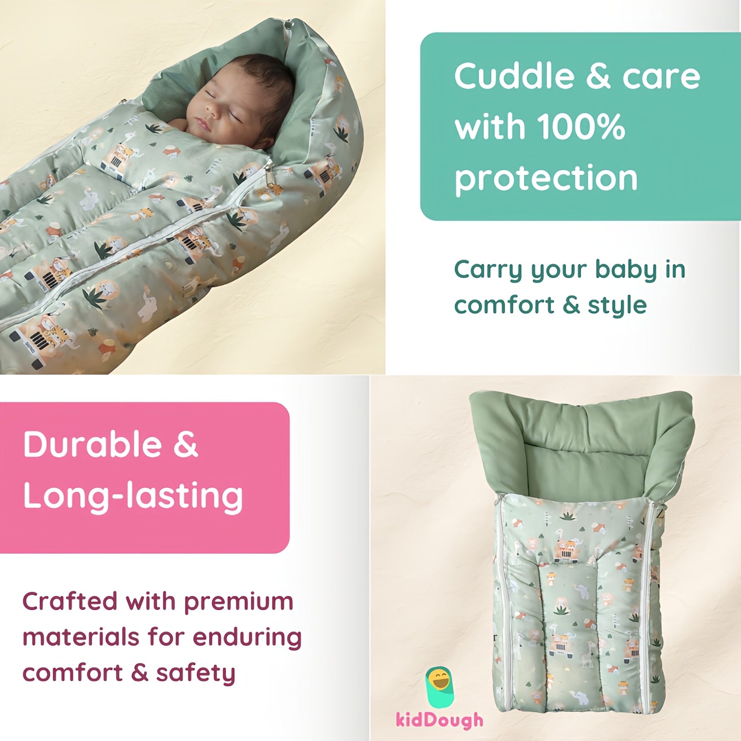 Kiddough Sleeping Bag for Infant | Soft Breathable 100% Cotton Baby Carrier for New Born/Foldable & Washable Unisex Baby Sleeping Bag 0 Months- 12 Months