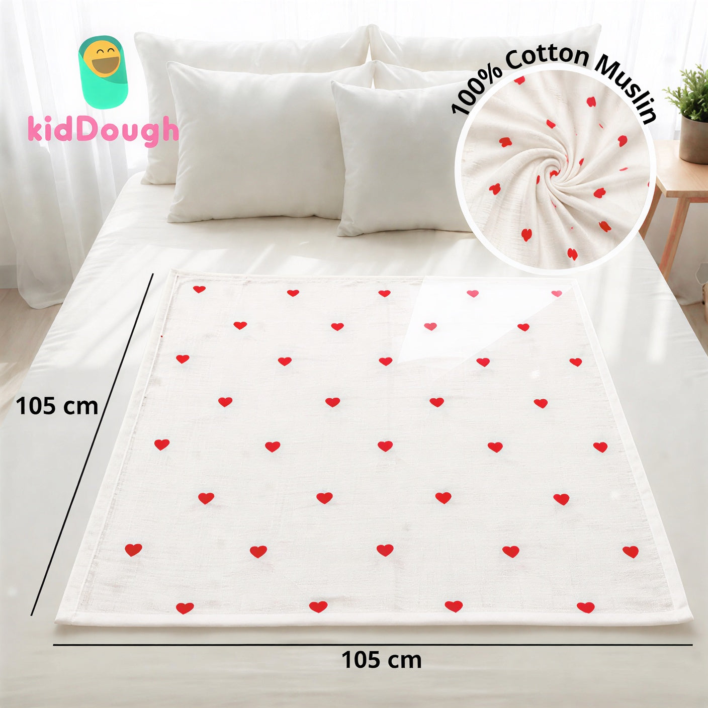 KidDough Ultra-Soft Muslin Baby Blanket for All Seasons – Soft, Breathable & Lightweight, Hearts Print, 105 × 105 cm, 0–2 Years