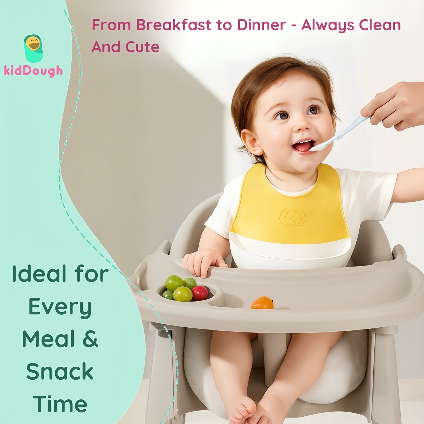 KidDough Silicone Baby Bib for Feeding & Weaning Babies & Toddlers | Waterproof, Washable & Reusable | Easy Cleaning, Lightweight, Adjustable Neckline with Buttons, Mess-Free Bib