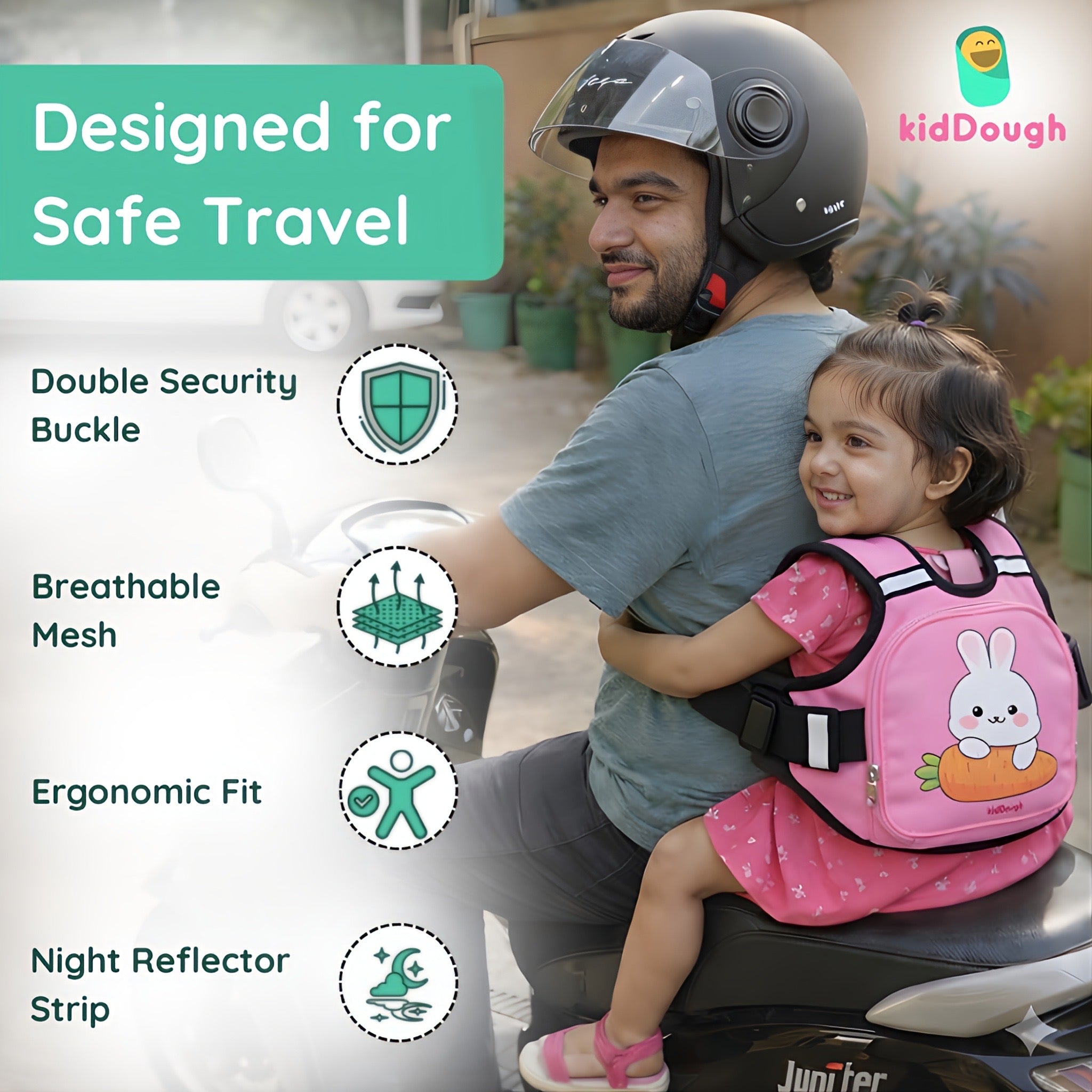KidDough Baby Safety Belt for Two Wheeler Bike/Scooty | Harness Safety Belt for Kids Safety | Strong Buckles with Adjustable Straps and Double Stiching for Extra Safety (With Storage (Pink)) Secondary image