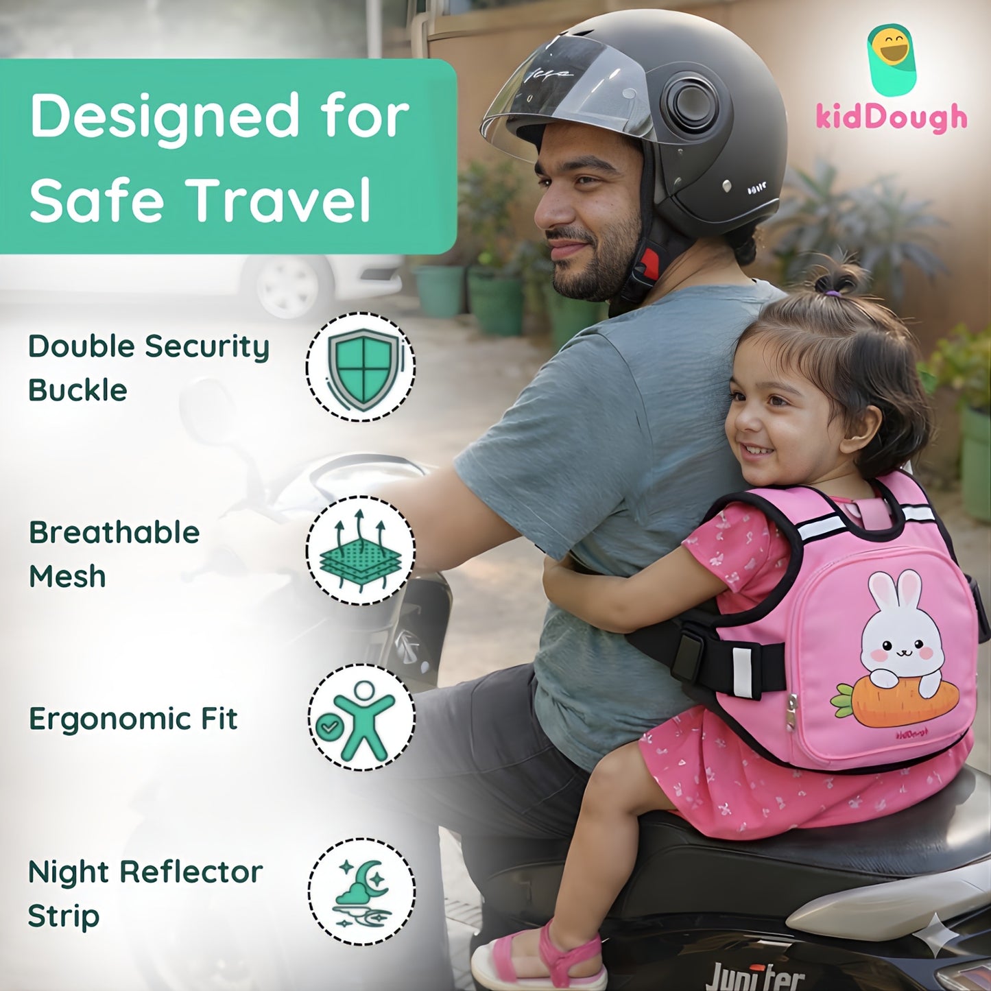 KidDough Baby Safety Belt for Two Wheeler Bike/Scooty | Harness Safety Belt for Kids Safety | Strong Buckles with Adjustable Straps and Double Stiching for Extra Safety (With Storage (Pink))