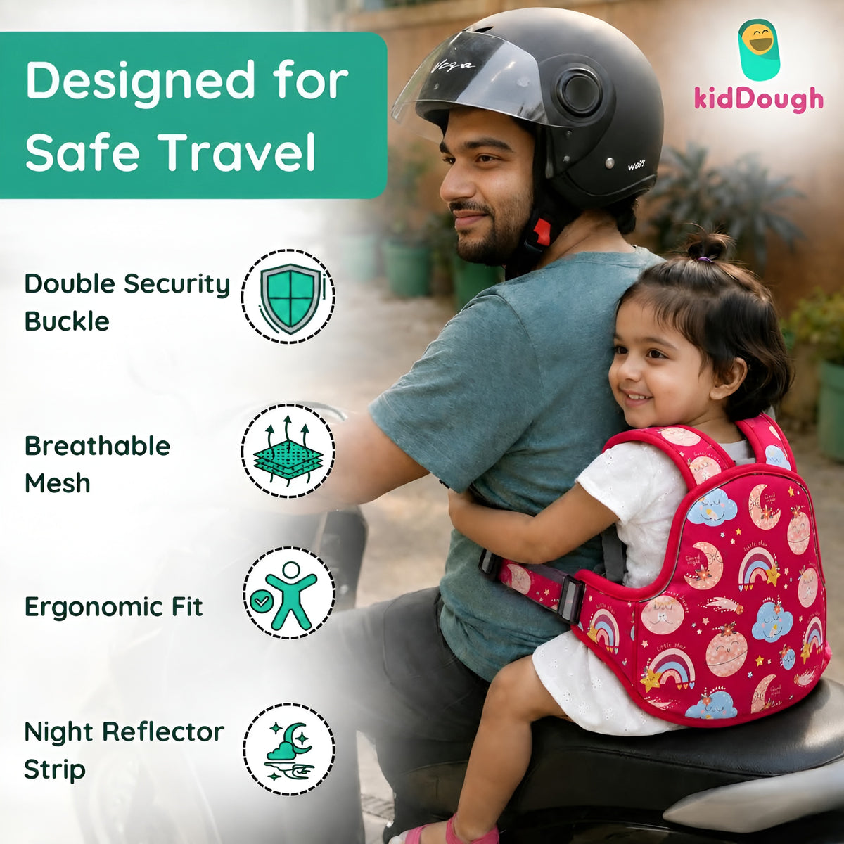 Kiddough Baby Safety Belt for Kids | Two Wheeler Bike/Scooty Belt for Kids Safety, Child Harness Safety Belt with Adjustable Baby Carrier for Toddlers & Baby (Printed Red)