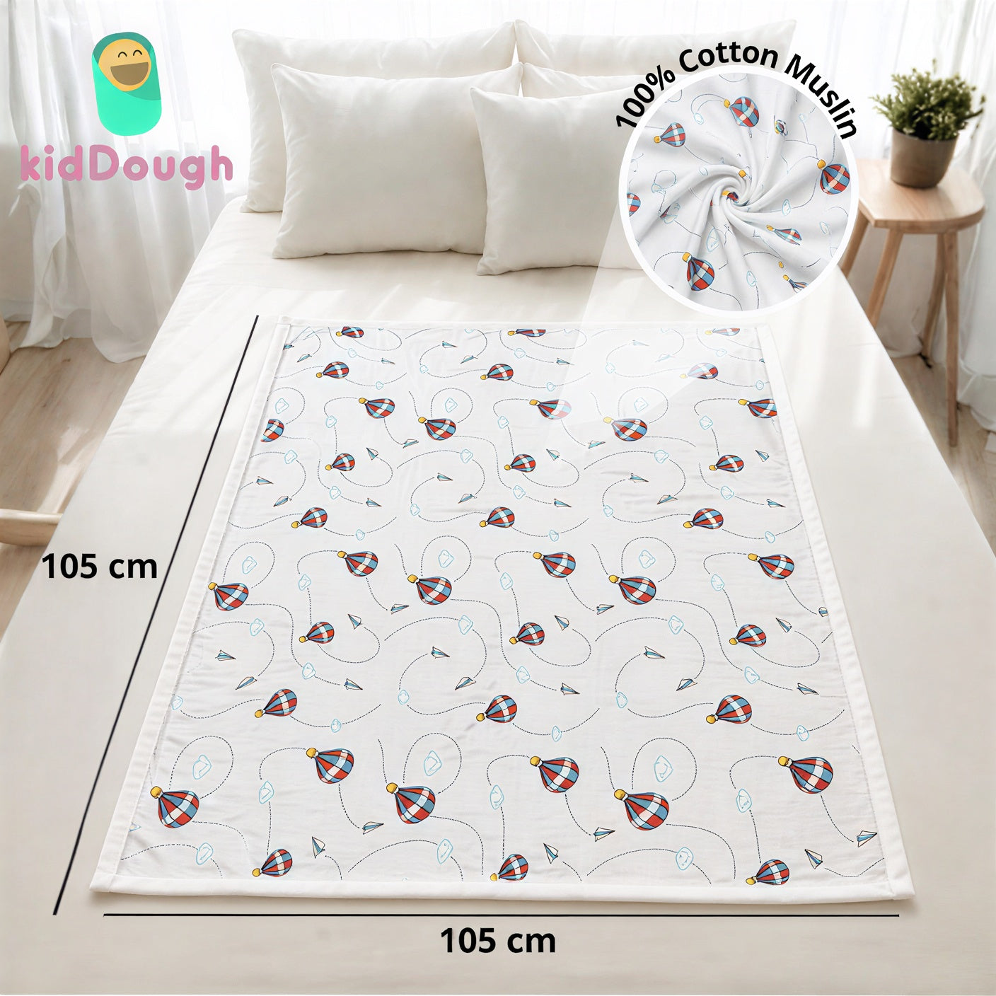 KidDough 100% Cotton Muslin Baby Blanket – Parashoot Print, 105 × 105 cm Secondary image