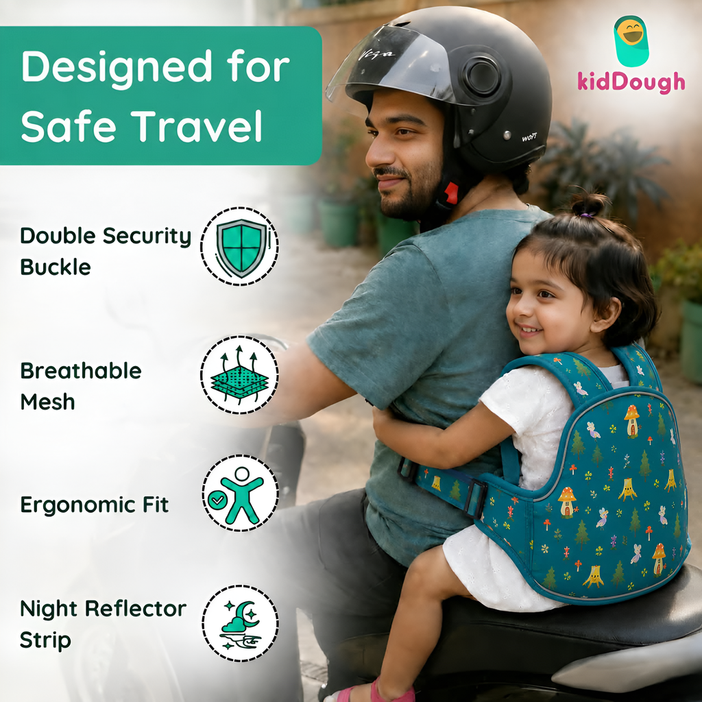 Kiddough Baby Safety Belt for Kids | Two Wheeler Bike/Scooty Belt for Kids Safety, Child Harness Safety Belt with Adjustable Baby Carrier for Toddlers & Baby (Printed Green)