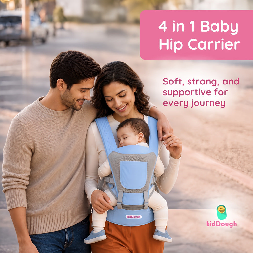 Kiddough Hip Seat Baby Carrier for 0 to 3 yrs with Adjustable Shoulder Straps | Breathable Mesh Fabric | Sling Baby Carrier with Storage Pockets | Adjustable New-Born to Toddler Carrier (Blue)