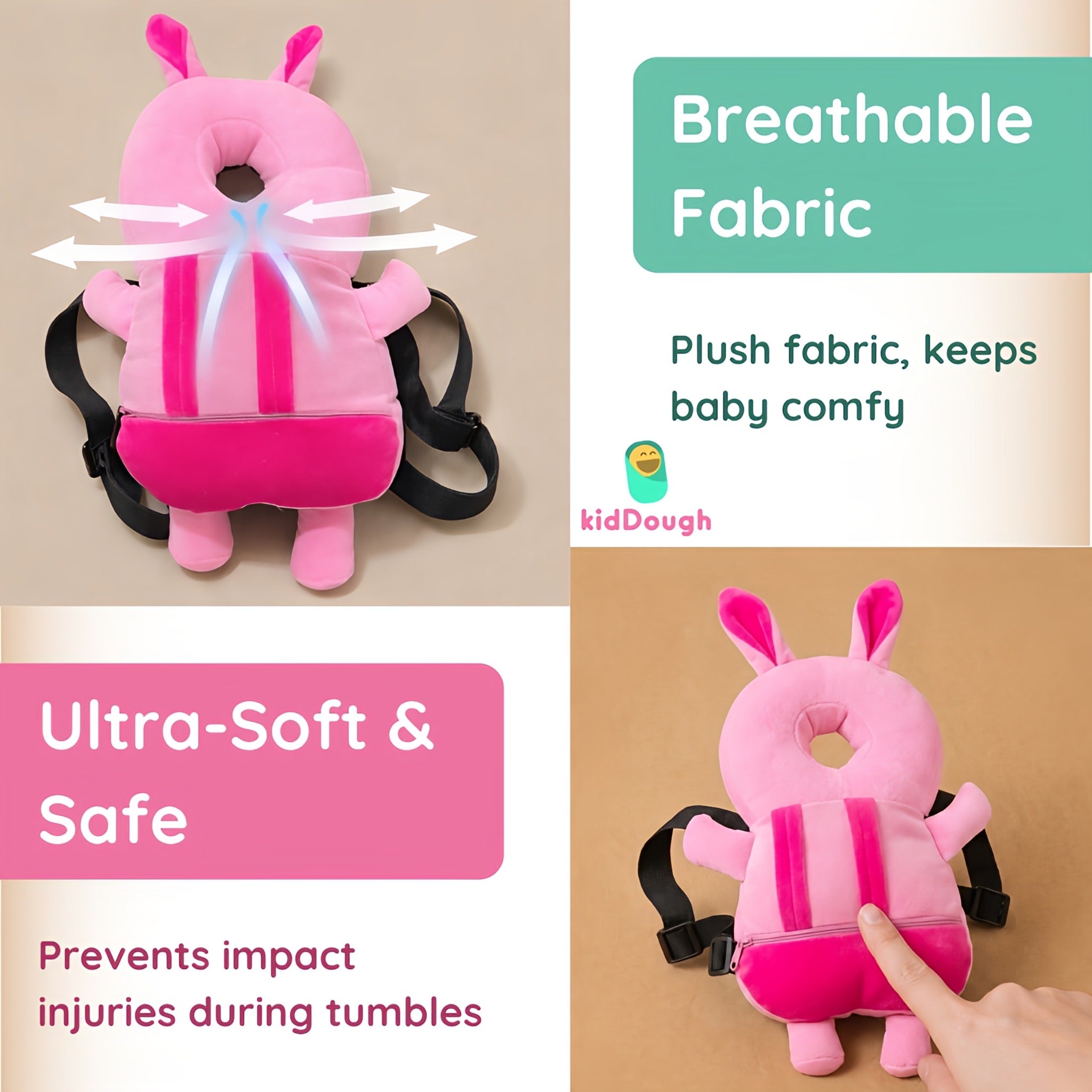 KidDough Rabbit Shape Head Protector, Cushioned Backpack for Babies | 6 Months - 36 Months | Lightweight (Pink Rabbit) Secondary image