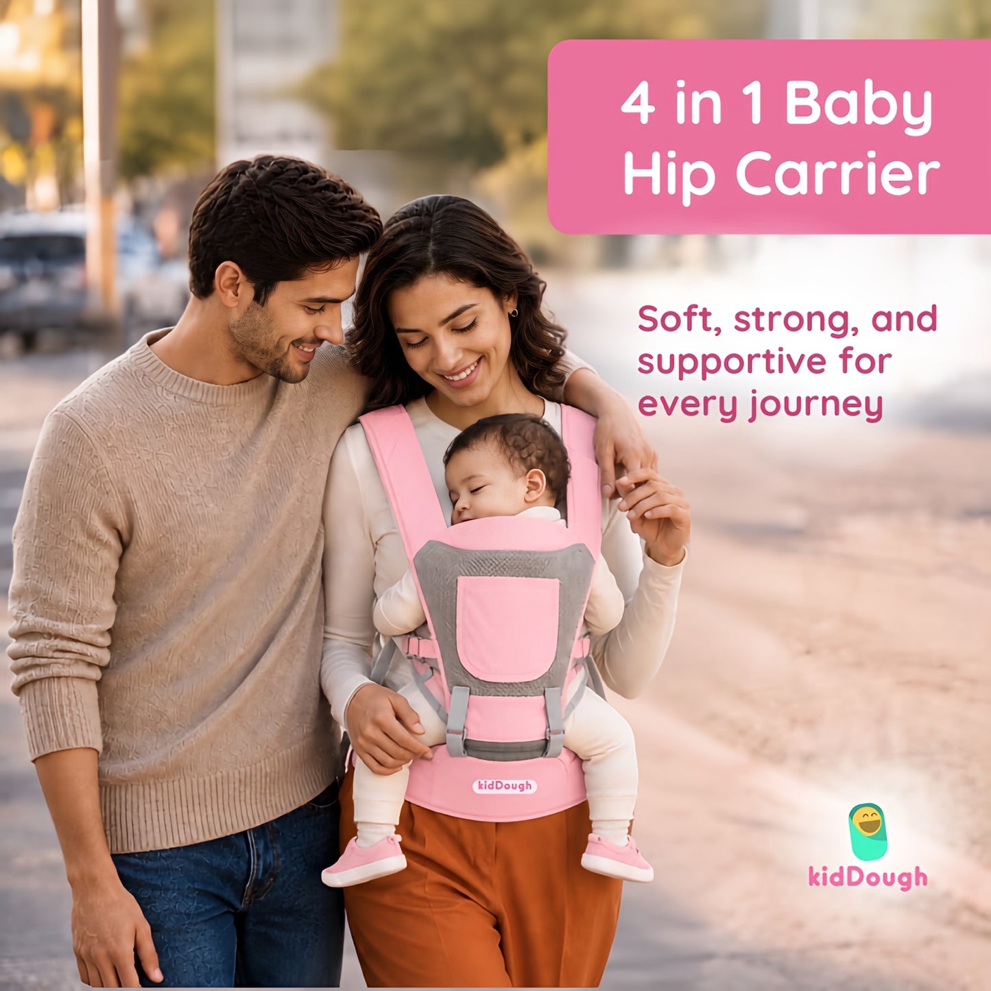 Kiddough Hip Seat Baby Carrier for 0 to 3 yrs with Adjustable Shoulder Straps | Breathable Mesh Fabric | Sling Baby Carrier with Storage Pockets | Adjustable New-Born to Toddler Carrier ( Pink)