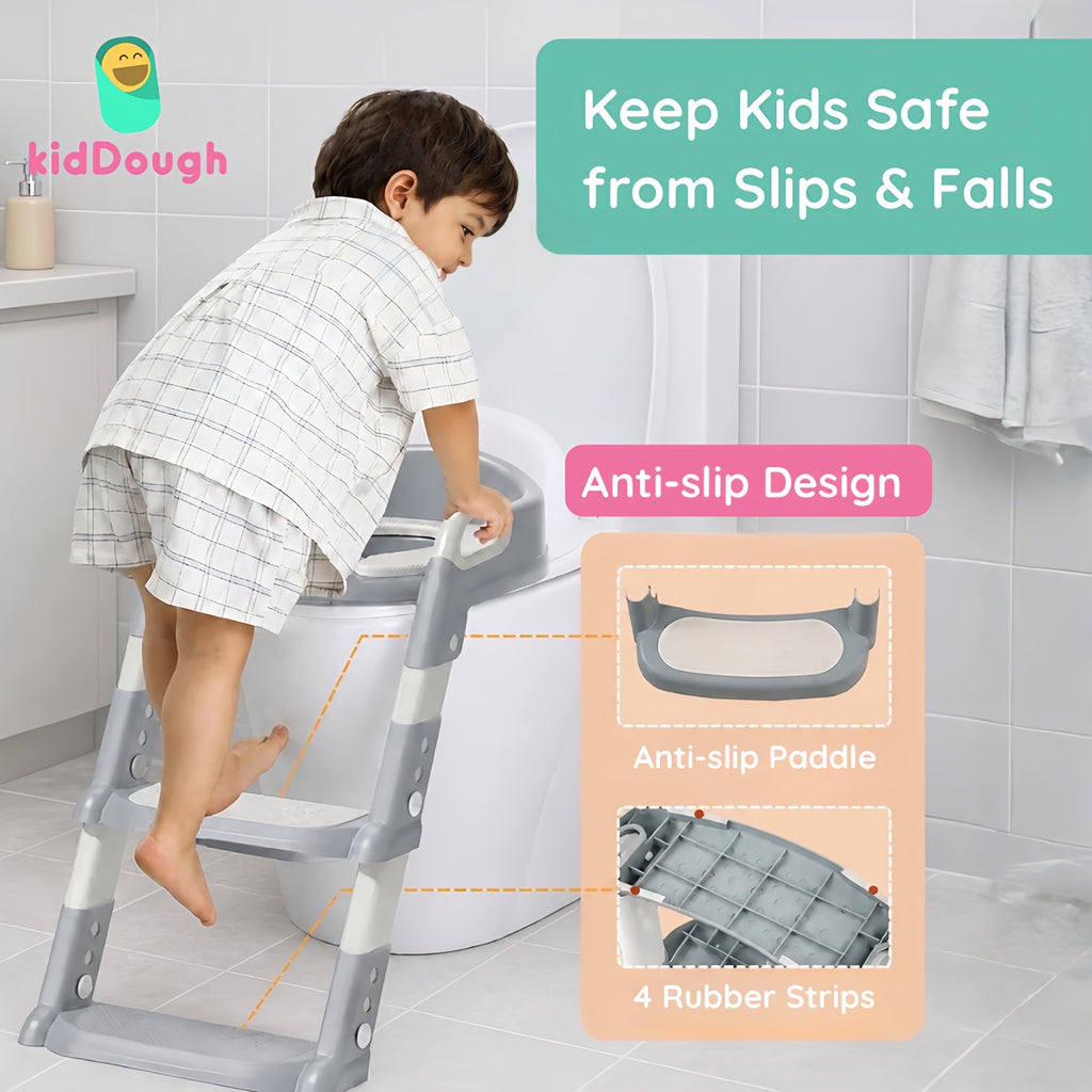 KidDough Potty Training Seat with Ladder, Splash Guard, Handle and Cushion Seat, Polypropylene, Grey, Modern Style, for Kids (Potty Seat with Ladder, Grey)