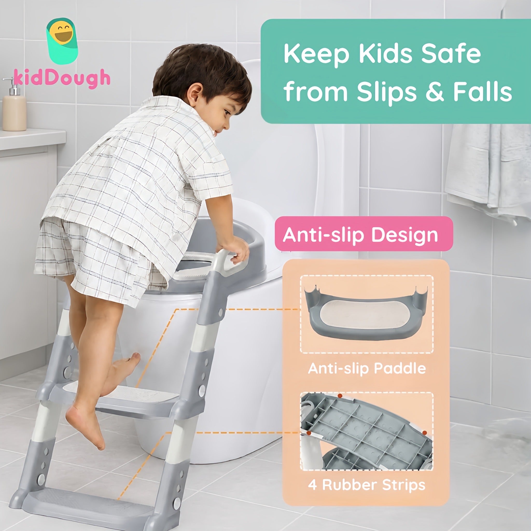 KidDough Potty Training Seat with Ladder, Splash Guard, Handle and Cushion Seat, Polypropylene, Grey, Modern Style, for Kids (Potty Seat with Ladder, Grey)