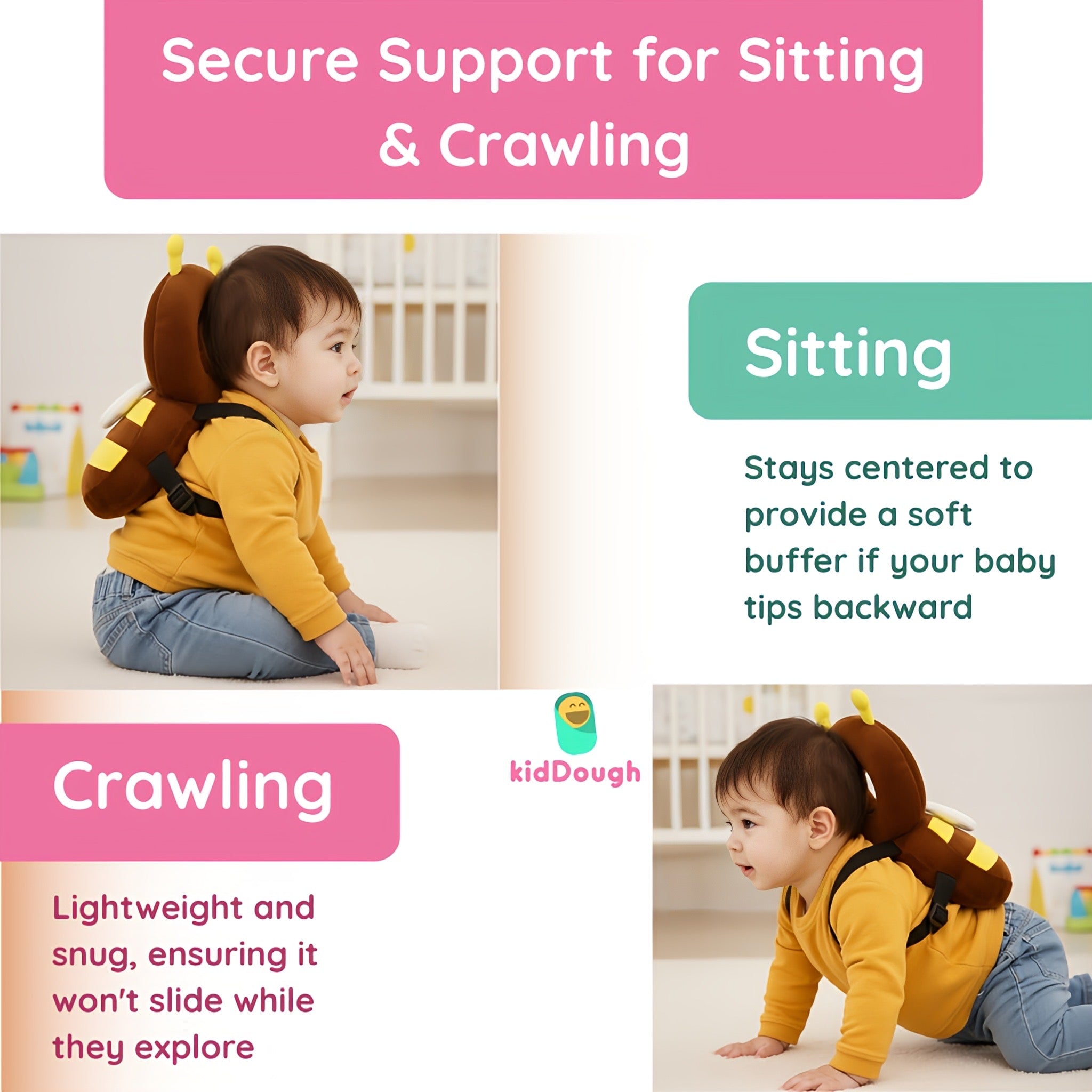 KidDough Bee Shape Head Protector, Cushioned Backpack for Babies | 6 Months - 36 Months | Lightweight Secondary image